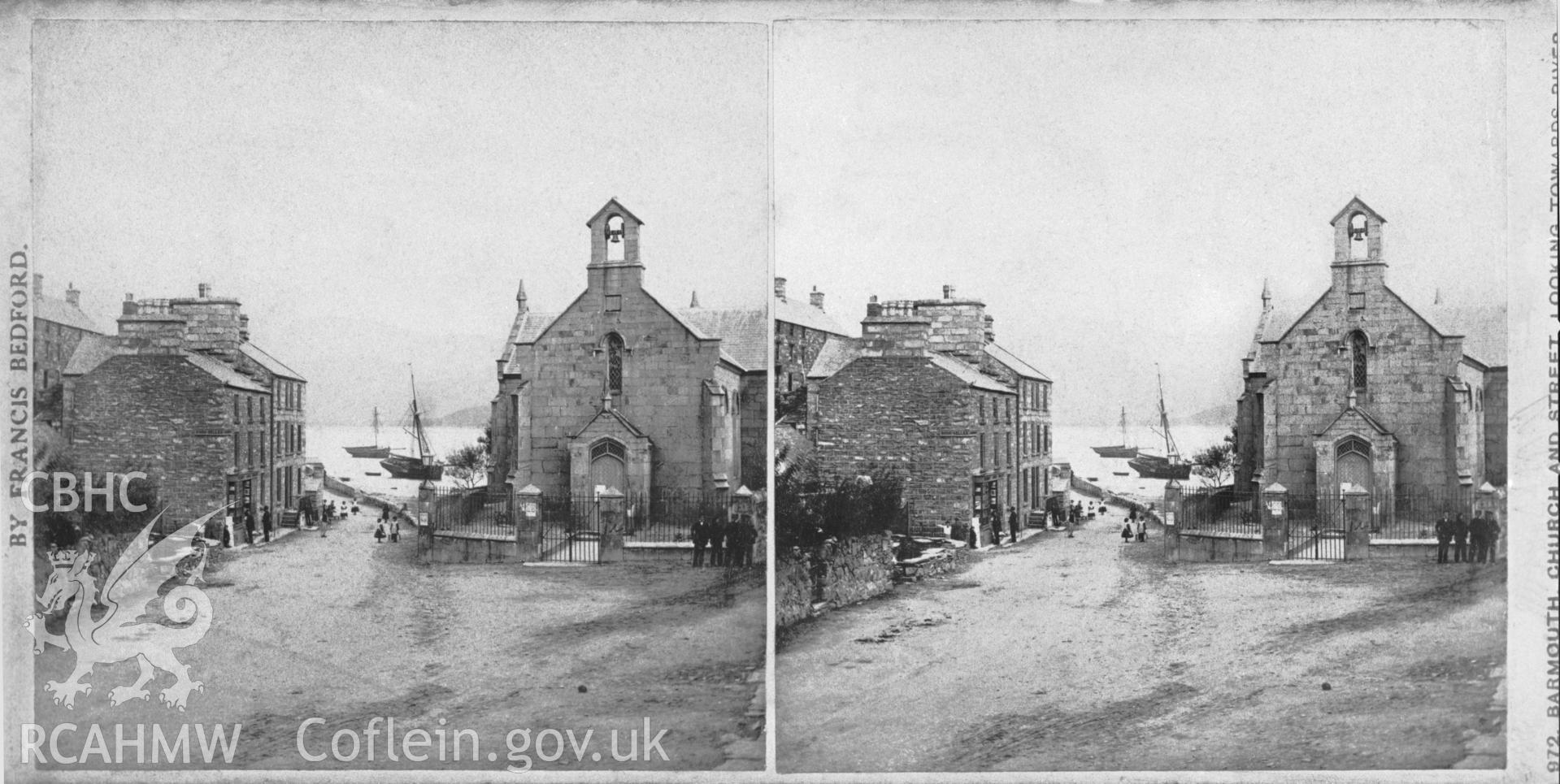 Black and white print of Barmouth showing church and street looking towards the river, copied from an original stereoscopic print in the possession of Thomas Lloyd. Negative held.