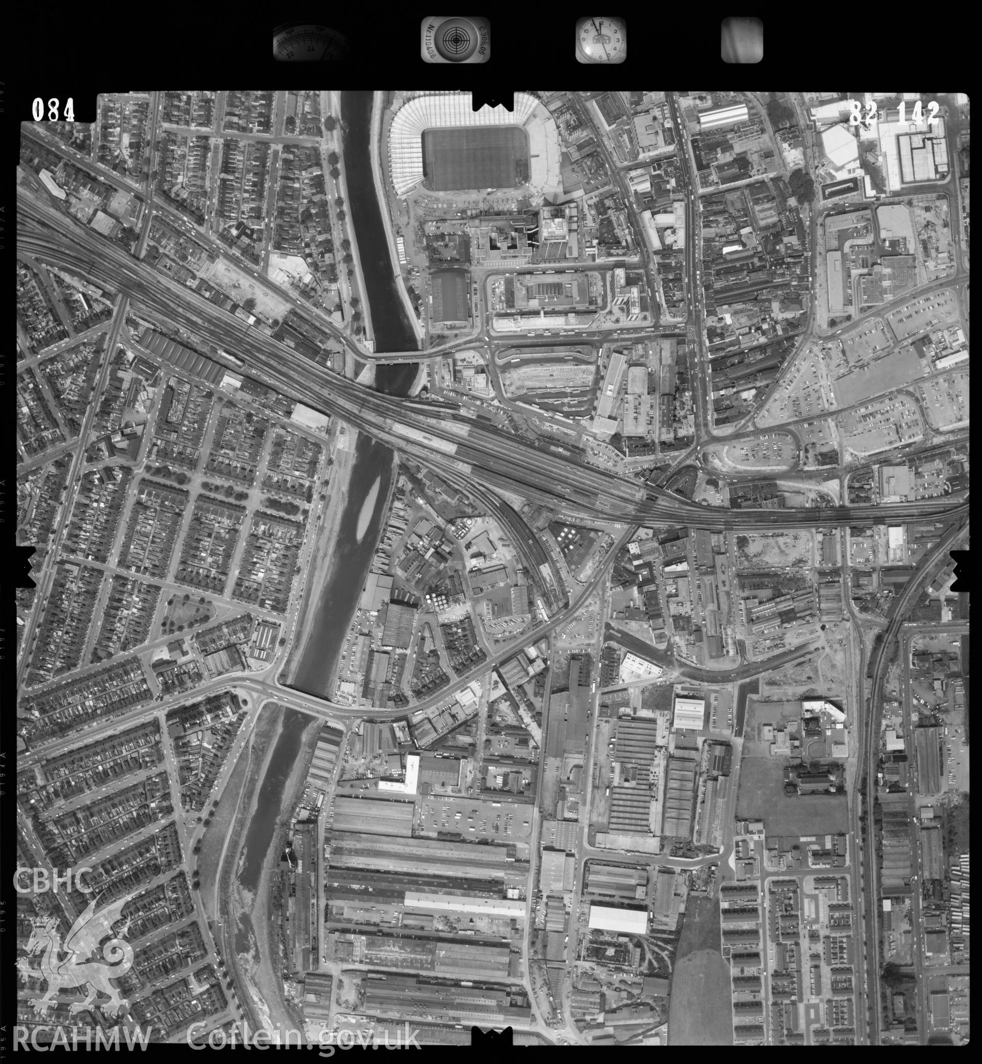 Digitized copy of an aerial photograph showing the Riverside area of Cardiff, taken by Ordnance Survey, 1982.