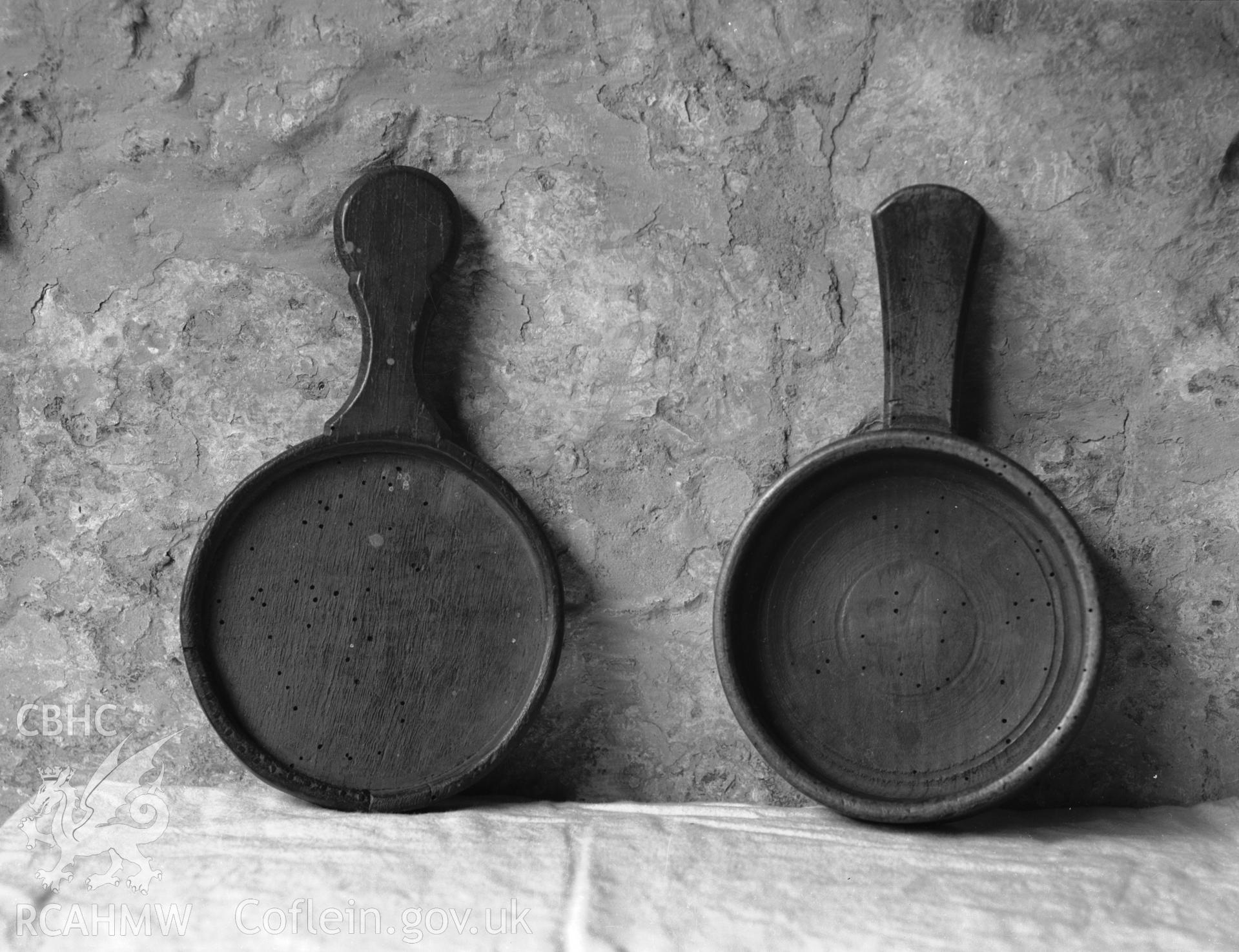 View of wooden collection plates at St Peters Church, Llanbedr y Cennin, taken 08.05.48.