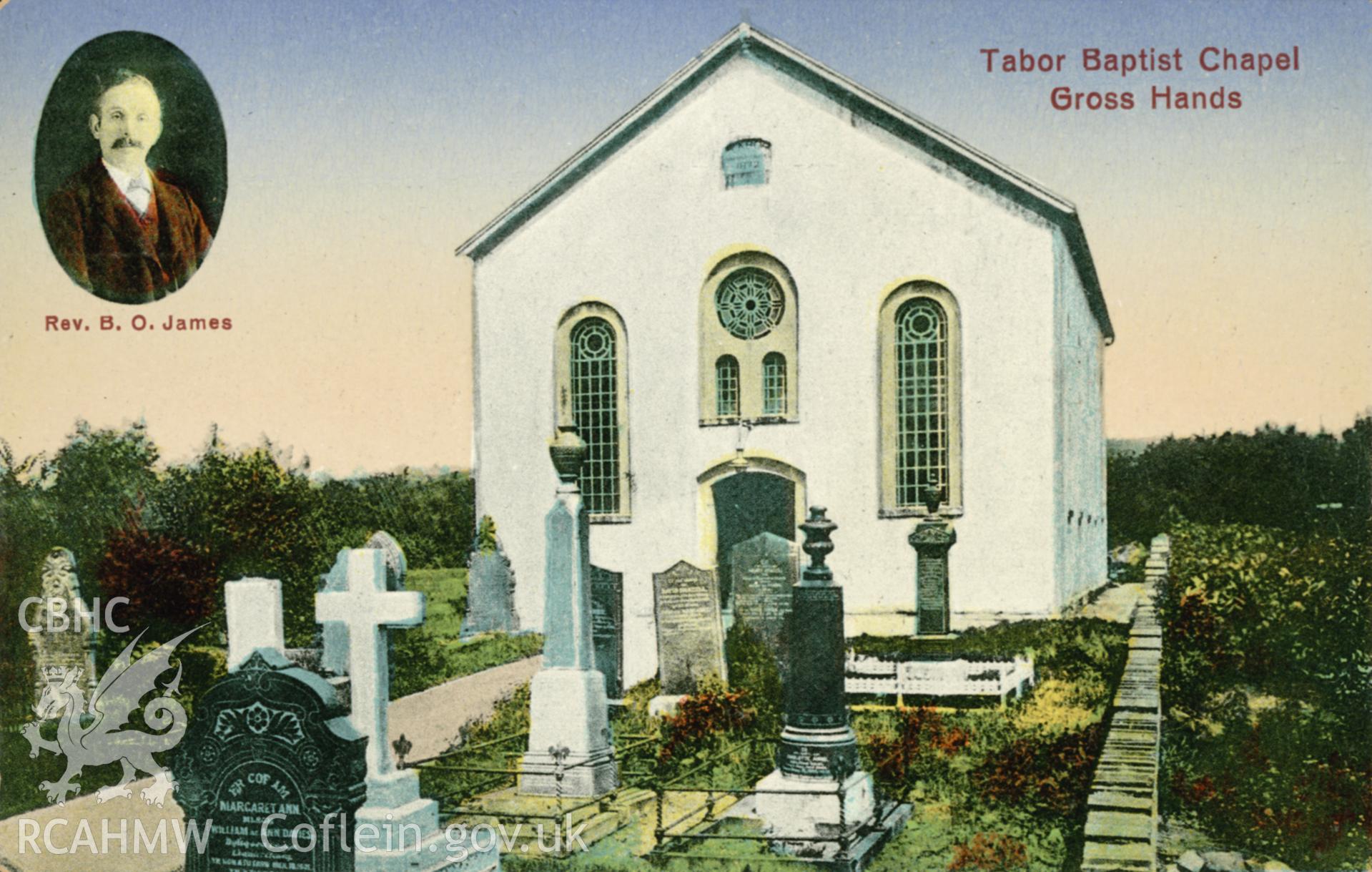 Original coloured historic postcard of Tabor Welsh Baptist Church, Crosshands, by Williams, Llandilo, c.1900.