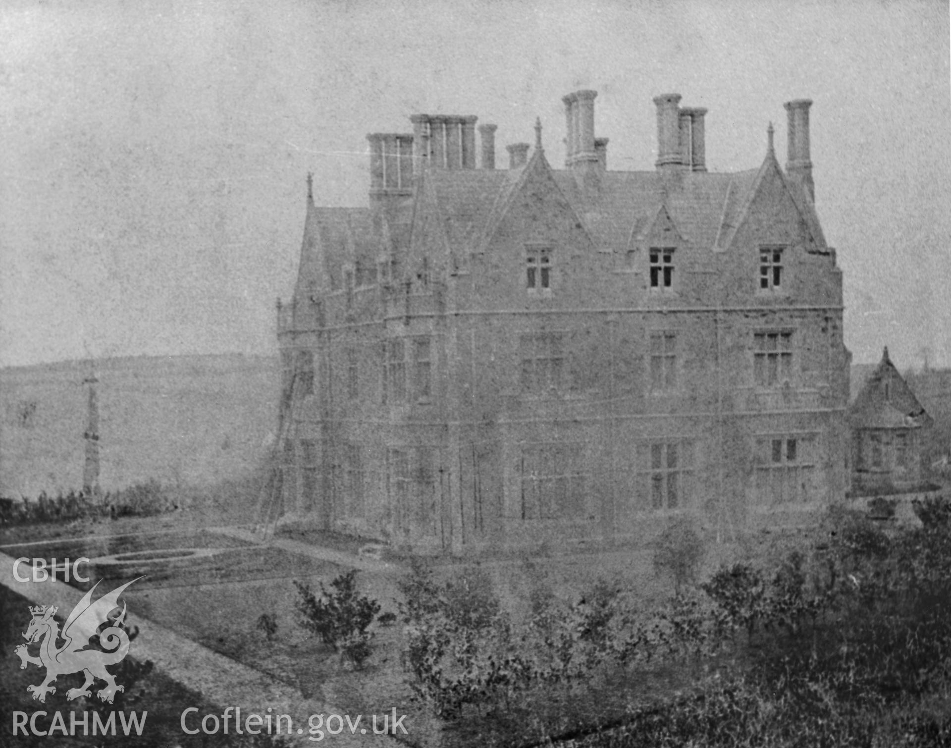 Copy of an early photograph dated c.1855, taken by Mary Dillwyn, showing Hendrefoilan House, Swansea under construction.
