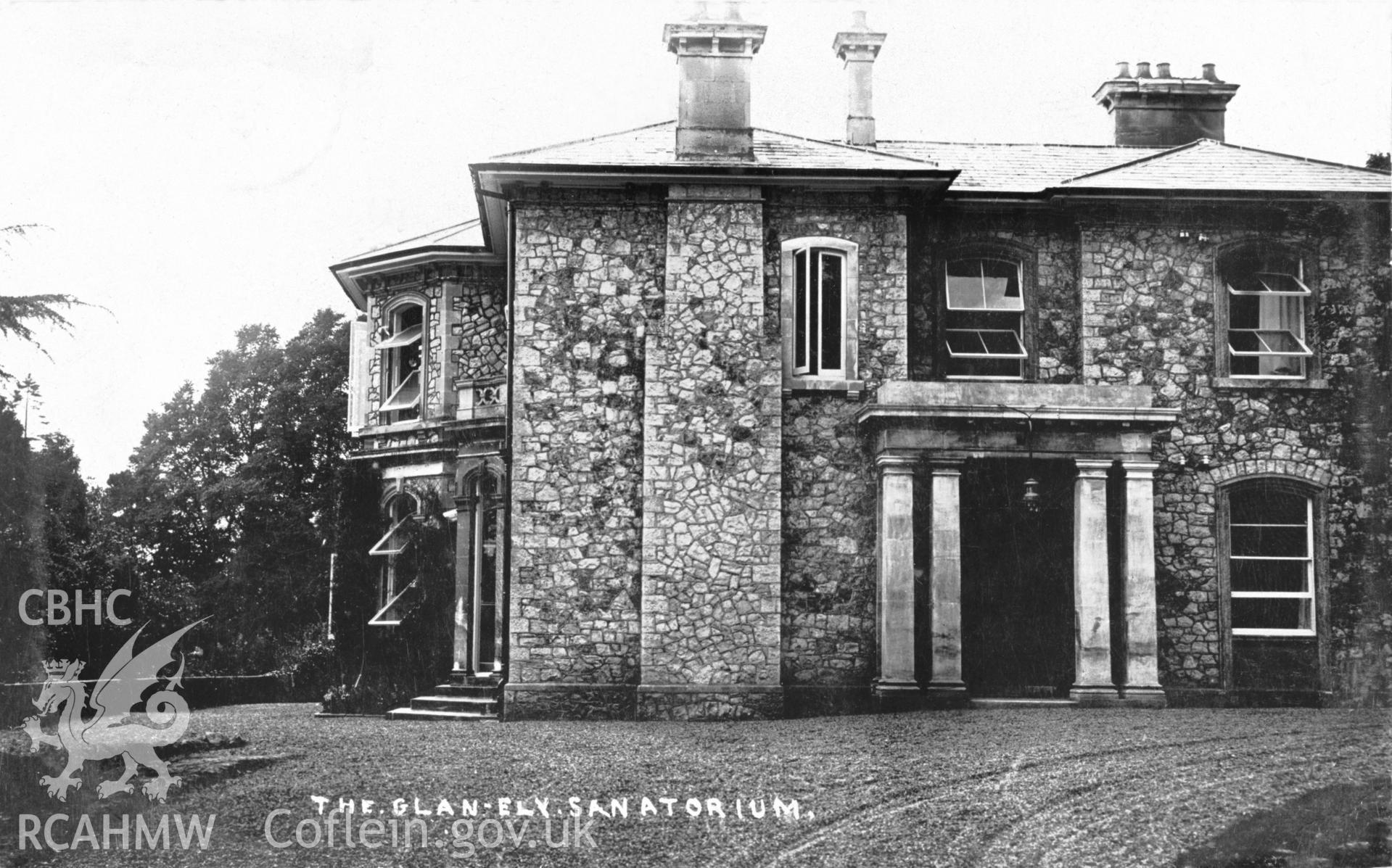 Copy of black and white image of Glan-Ely Sanatorium, St Fagans Road, Fairwater, copied from early undated postcard showing exterior, loaned by Thomas Lloyd.