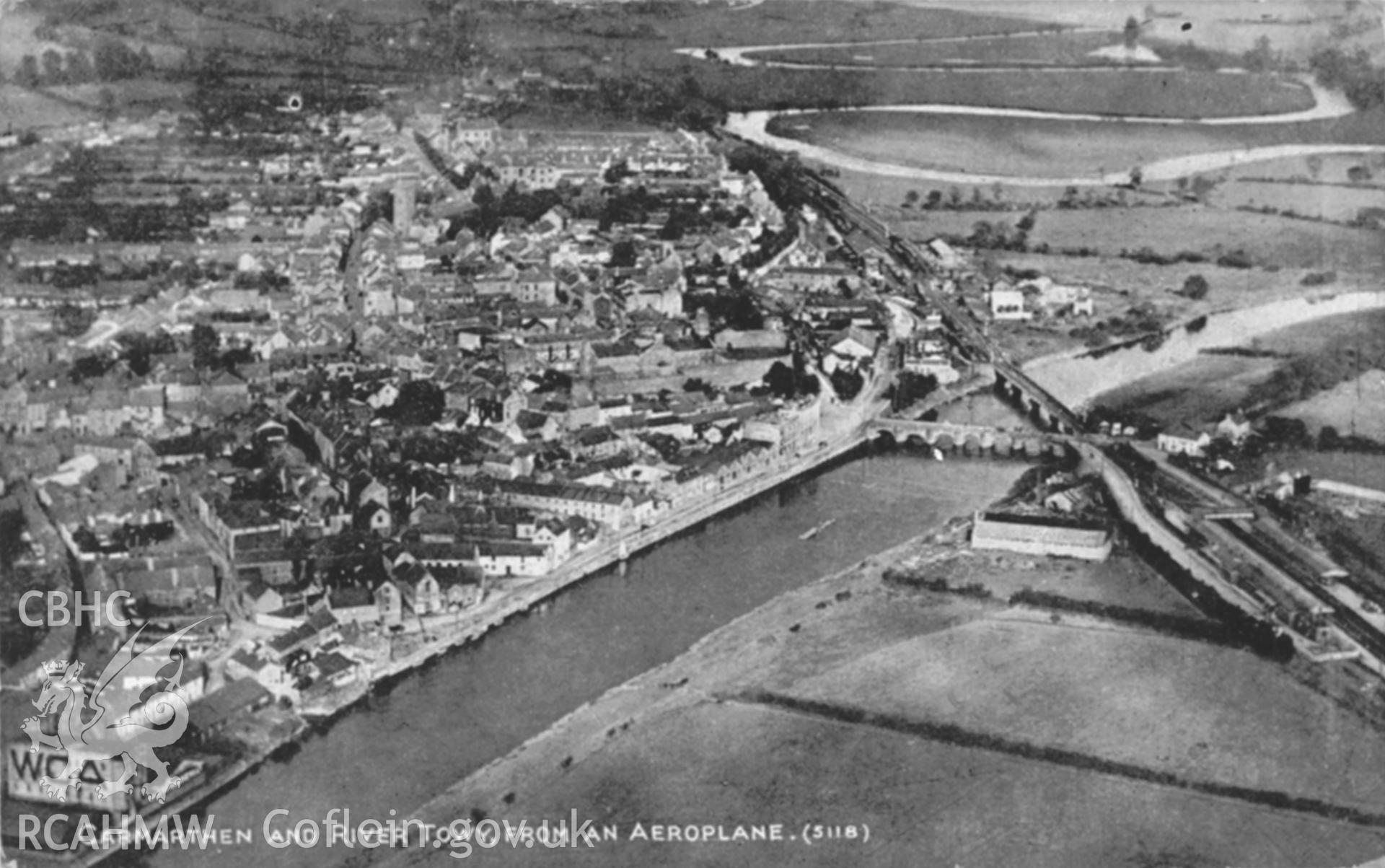Copy of b/w postcard of view of Carmarthen and River Towy from an aeroplane, copied from original loaned by Thomas Lloyd.  Copy negative held.
