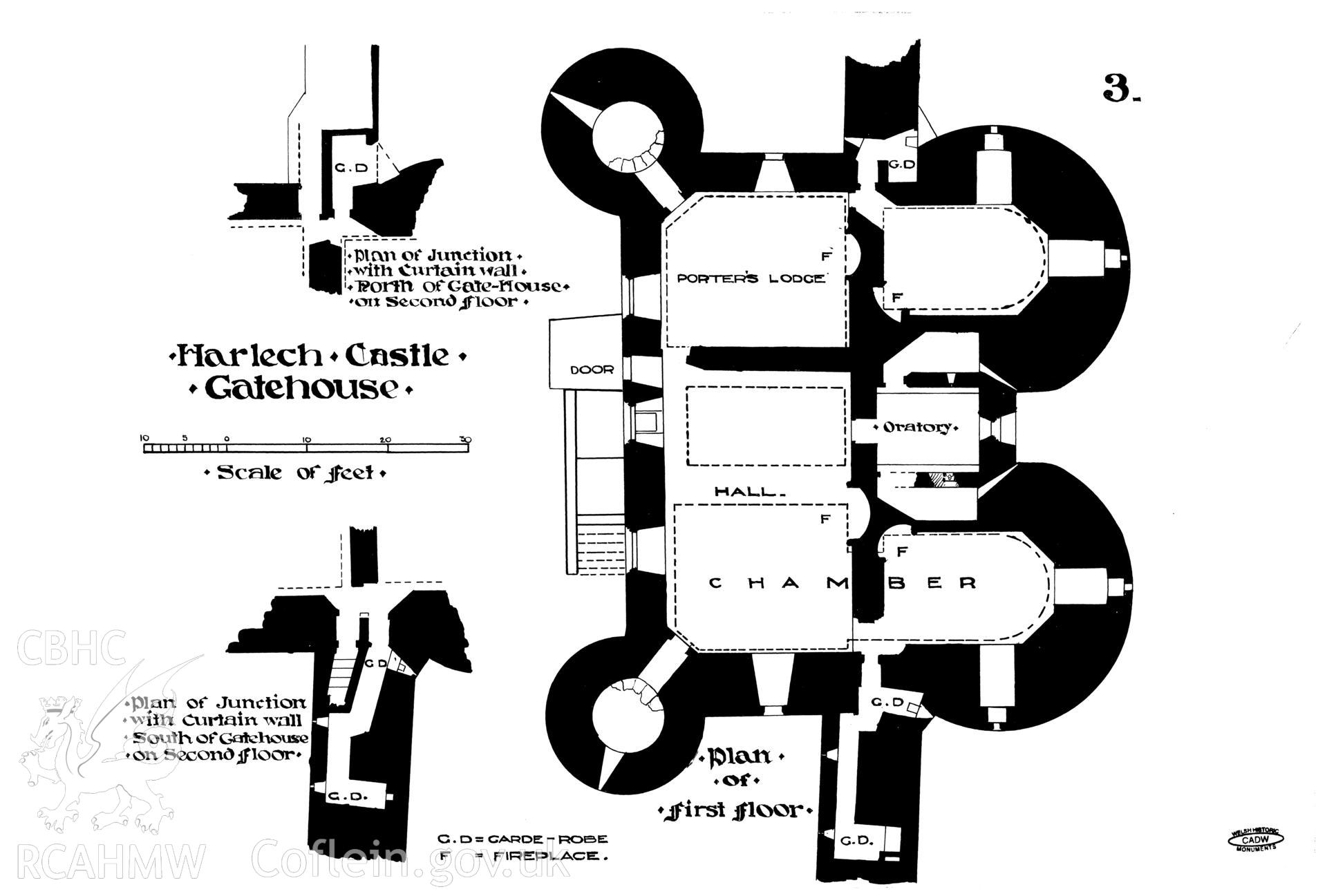 Cadw guardianship monument drawing of Harlech Castle. Castle+Gatehouse, 1st Floor Plan. Cadw Ref:86//74. Scale 1:30.