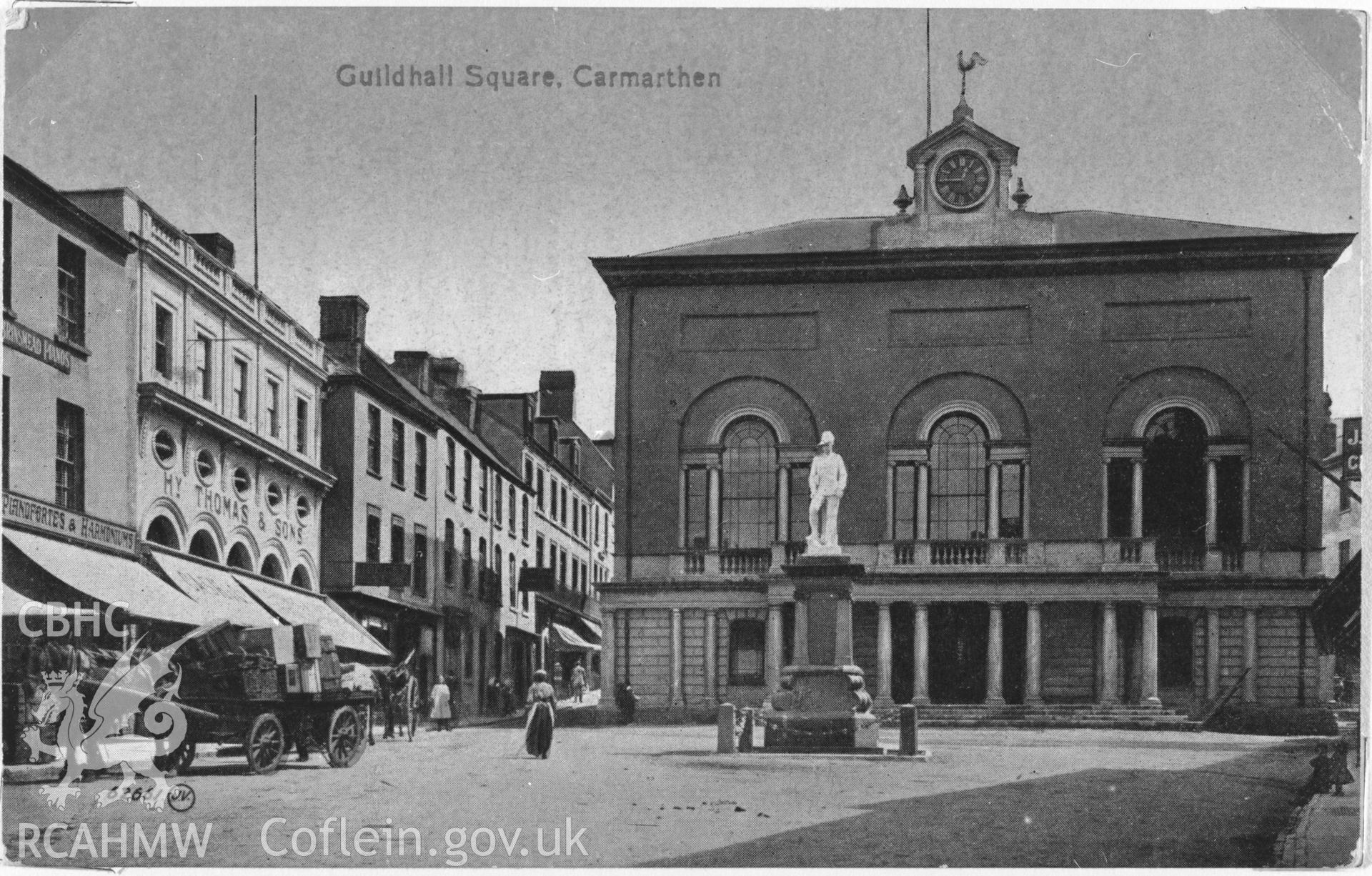 Copy of b/w postcard of Guildhall Square, Carmarthen, copied from original loaned by Thomas Lloyd.  Copy negative held.