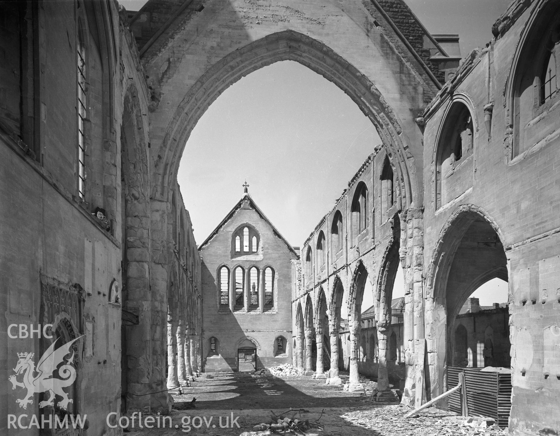 Interior view looking west showing damage to the church caused by enemy action taken in June 1941