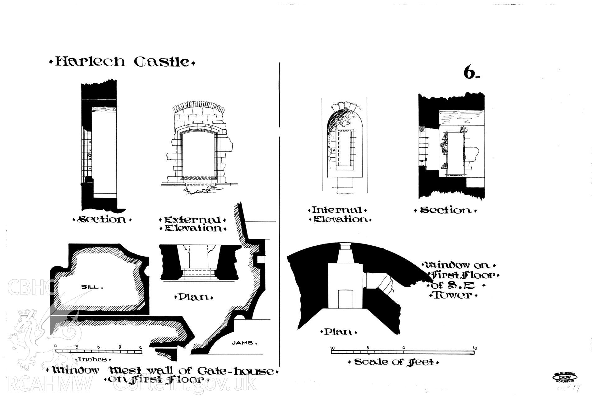 Cadw guardianship monument drawing of Harlech Castle. Window, W wall 1st Floor. Cadw Ref:86//77. Scale 1:30.