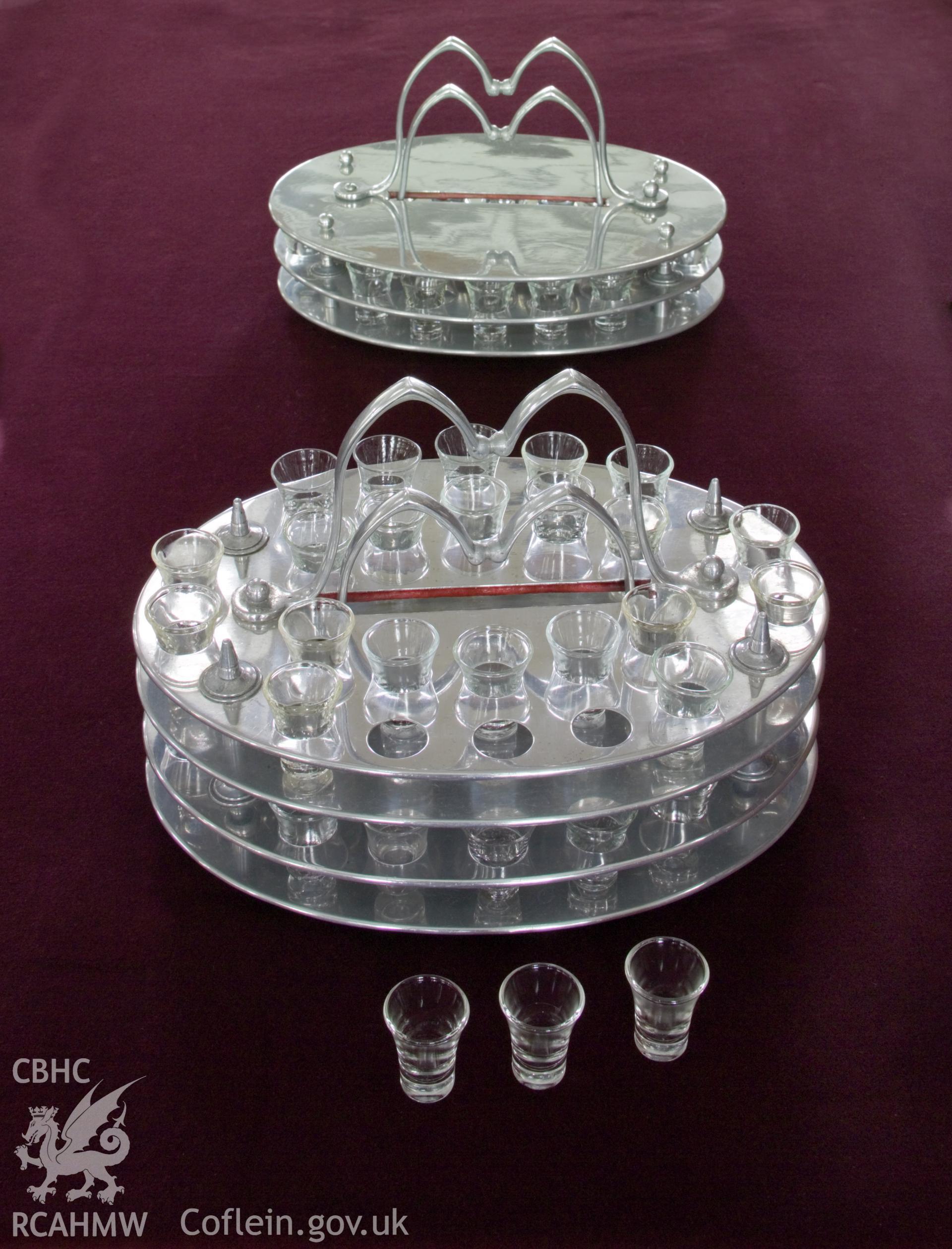 Communion wine glasses and carrier.