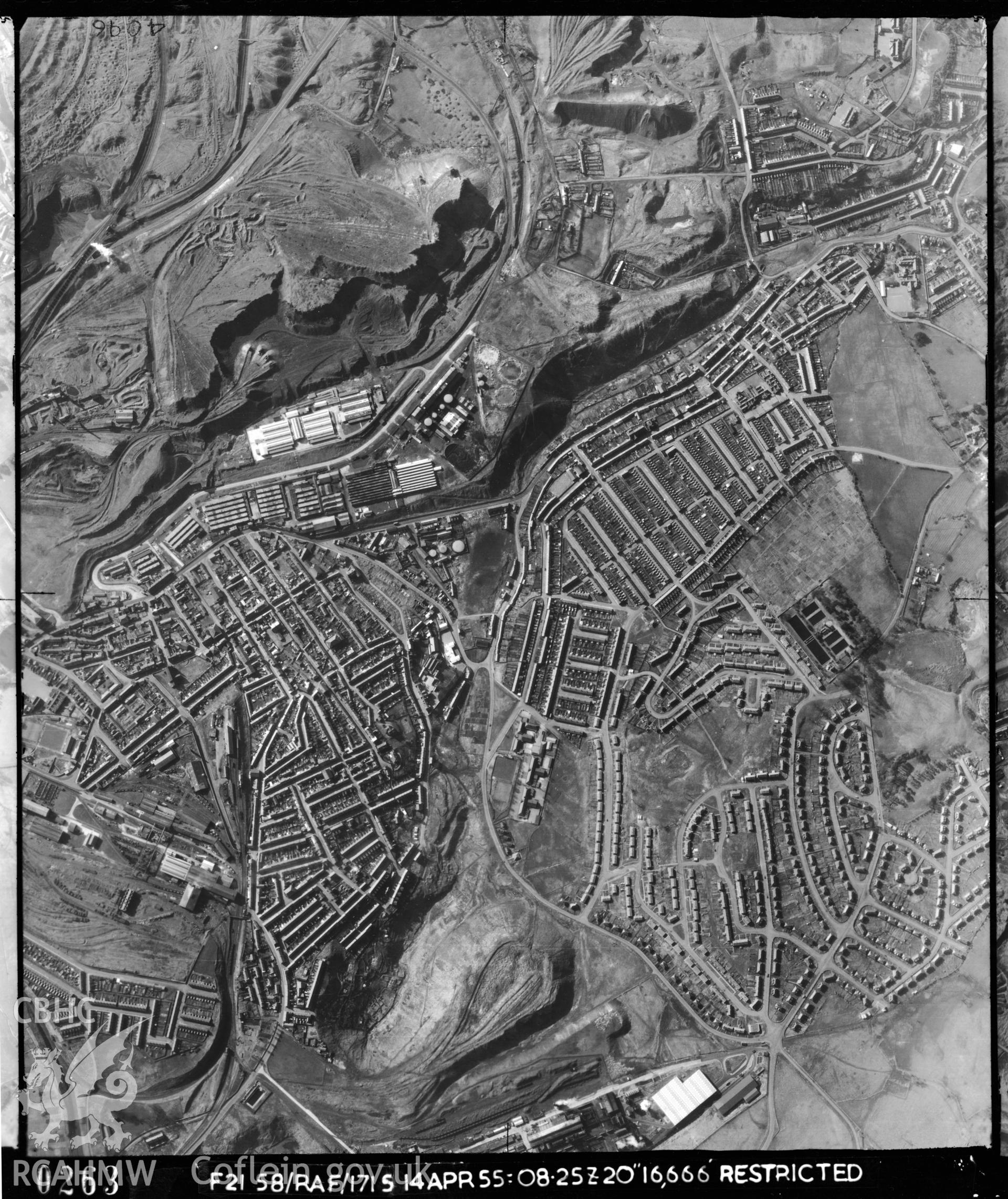 Black and white vertical aerial photograph of the Dowlais area, taken by the RAF, 1955, at a scale of 1:10000.