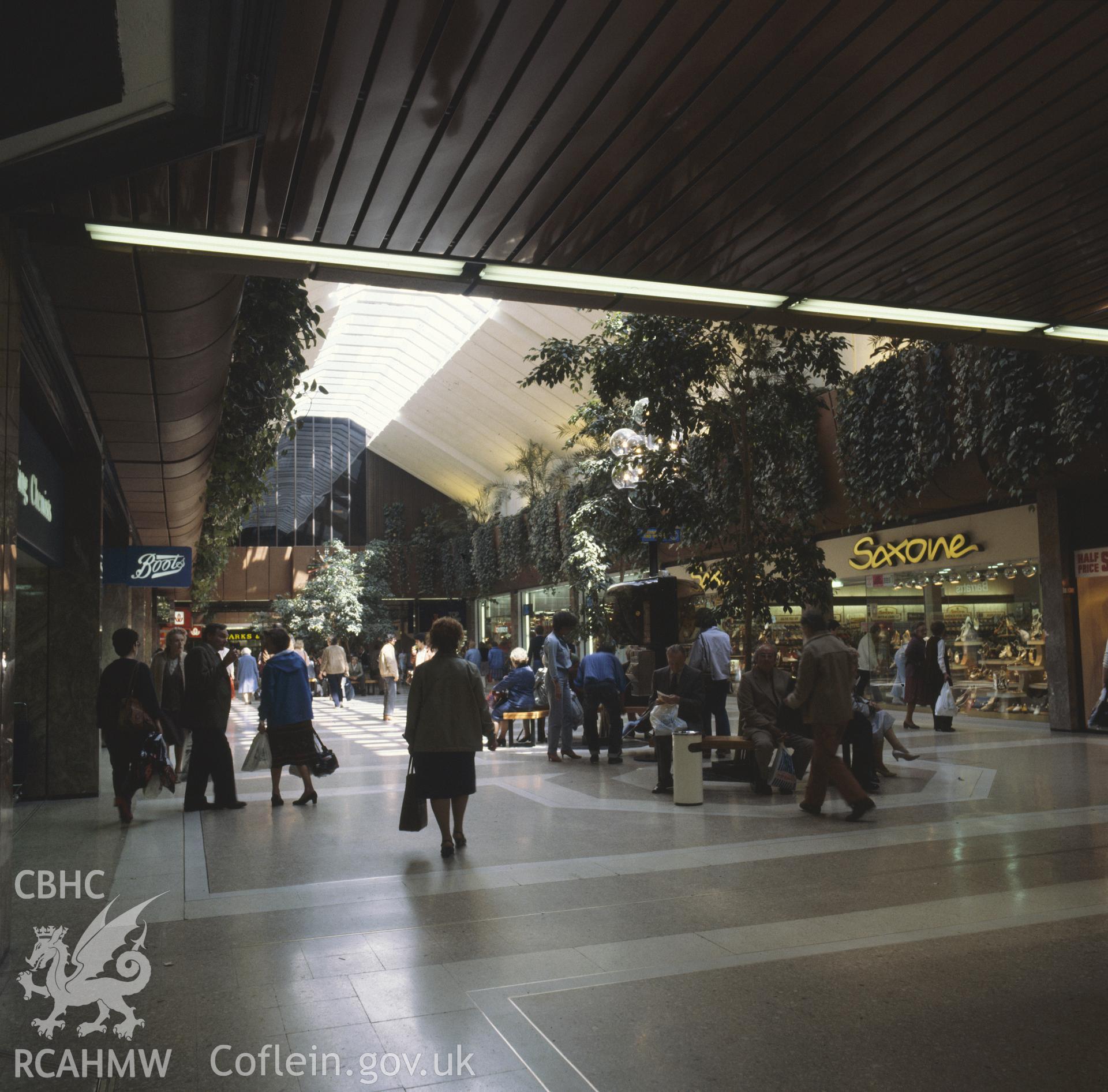1 colour transparency showing view of St Davids Centre, Cardiff with shoppers; collated by the former Central Office of Information.