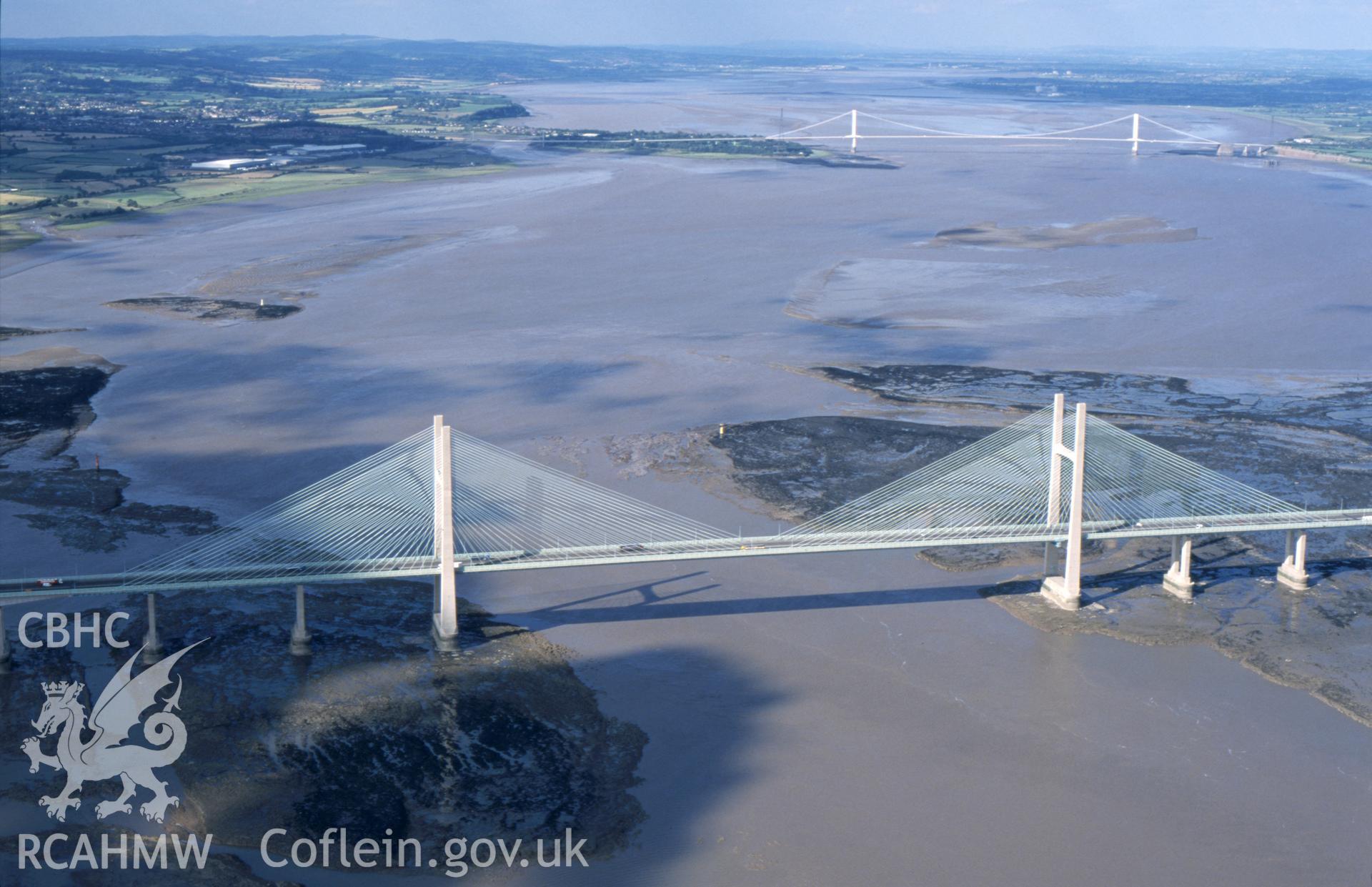 RCAHMW colour slide oblique aerial photograph of the second Severn Crossing, taken by Toby Driver, 2001