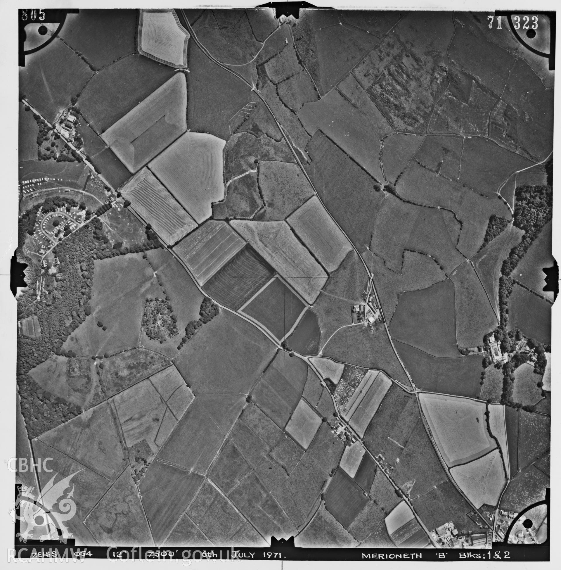 Digitized copy of an aerial photograph showing the area around Ynysmaengwyn, taken by Ordnance Survey, 1971.