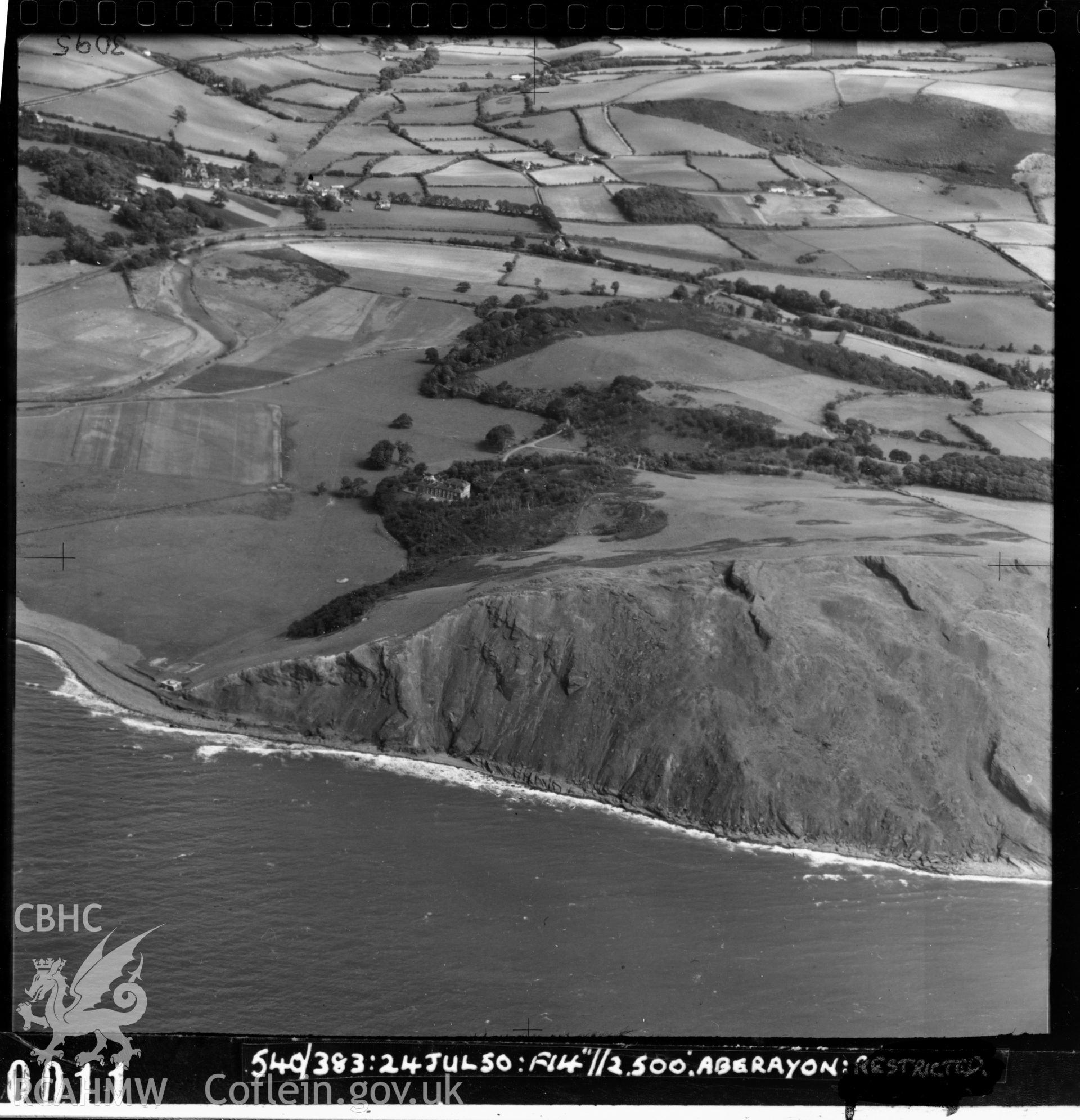 Black and white vertical aerial photograph taken by the RAF on 24/07/1950 centred on the south end of Tan y Bwlch beach near Aberystwyth.