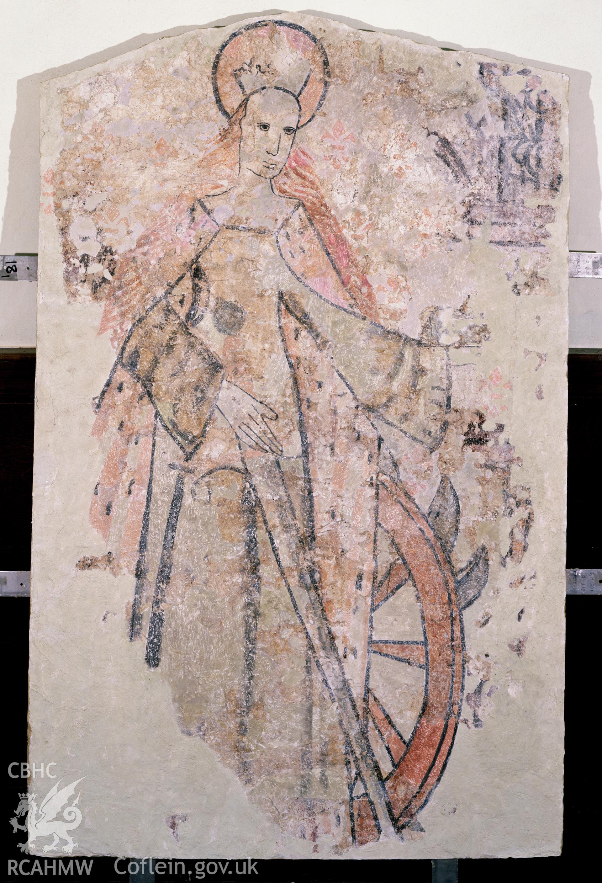 RCAHMW colour transparency of wallpainting of St Catherine at Llandeilo Talybont Church.