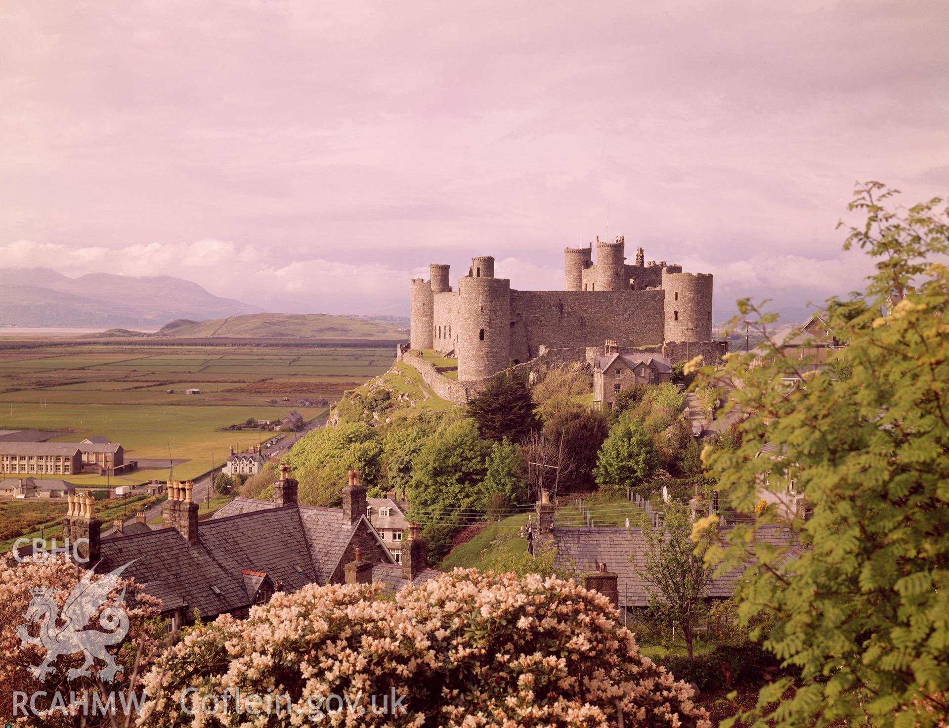 1 colour transparency showing view of Harlech castle, undated; collated by the former Central Office of Information.