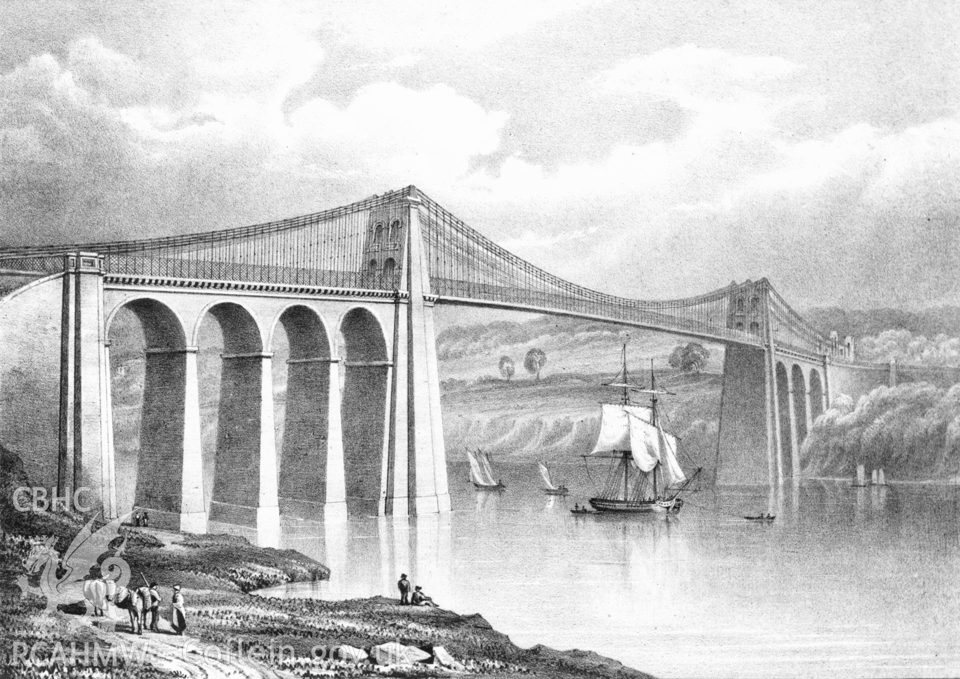 1 b/w print of 19th century engraving showing  Menai suspension bridge with ships and figures, collated by the former Central Office of Information.