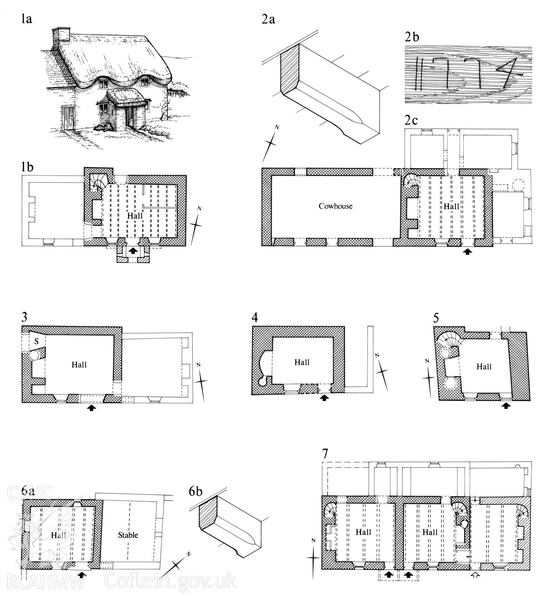 Digital image of measured drawings showing single-unit, direct-entry houses - Vale and Blaenau as published in RCAHMW Inventory : Glamorgan Volume IV: Domestic Architecture from the Reformation to the Industrial Revolution. Part II Farmhouses and Cottages, date of publication 1988.