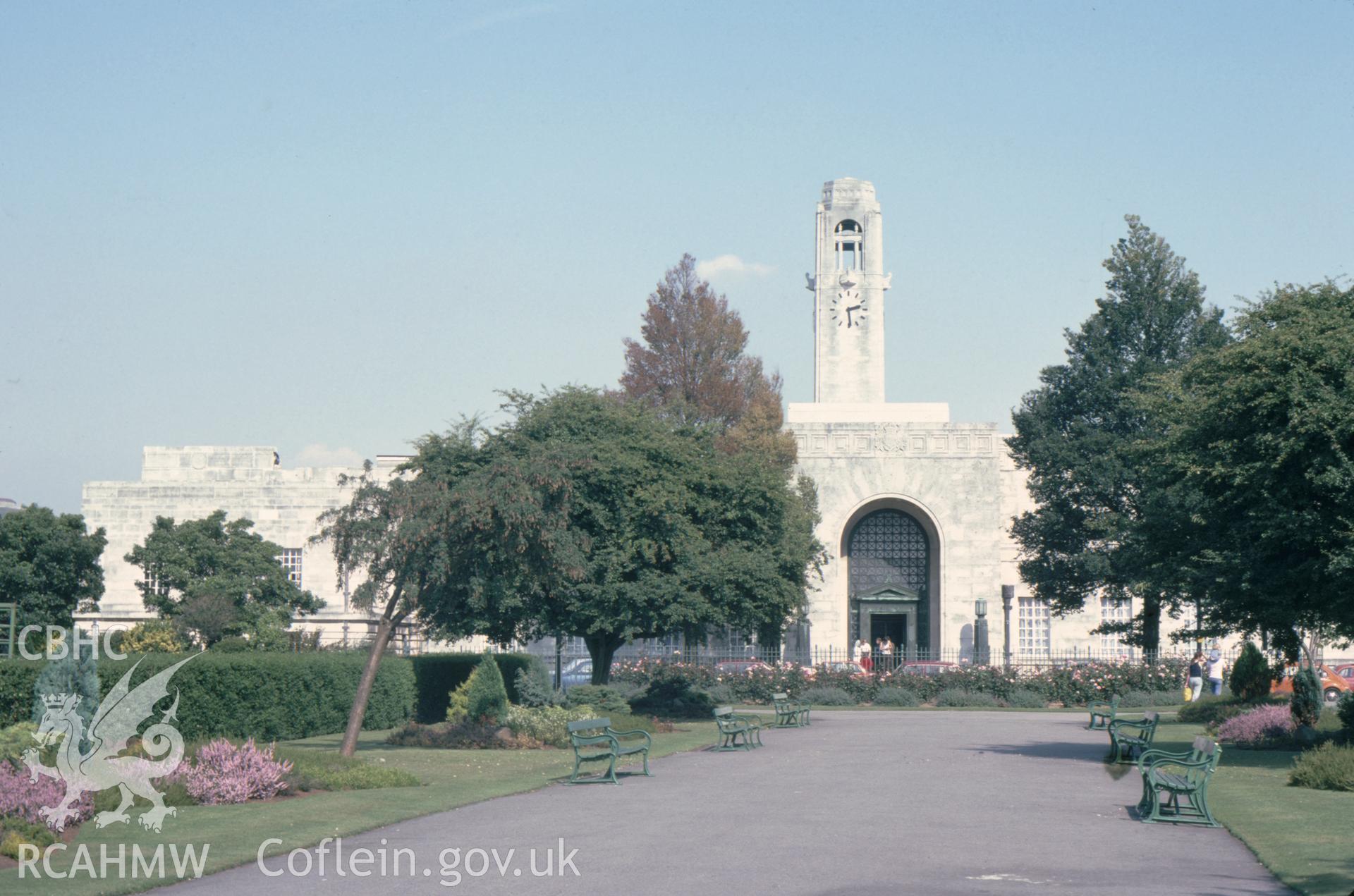 Colour photographic transparency showing view of Swansea Guildhall; collated by the former Central Office of Information.