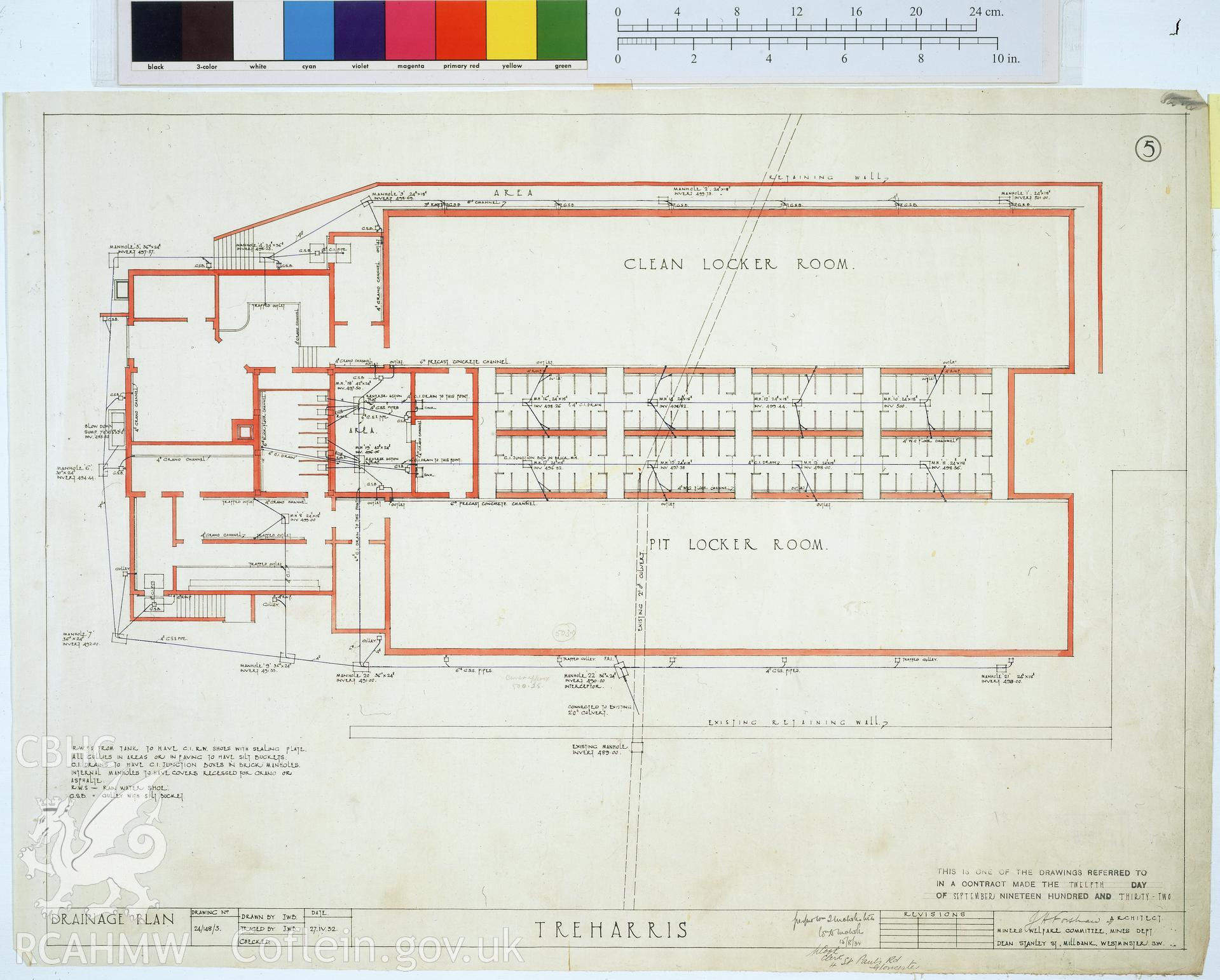 Colour transparency of a measured drawing showing the site drainage plan of the Bath House at  Ocean Deep Navigation Colliery , by J.H. Forshaw, Architect, 1932, from originals currently held by Gwent Record Office pending distribution to relevant county.