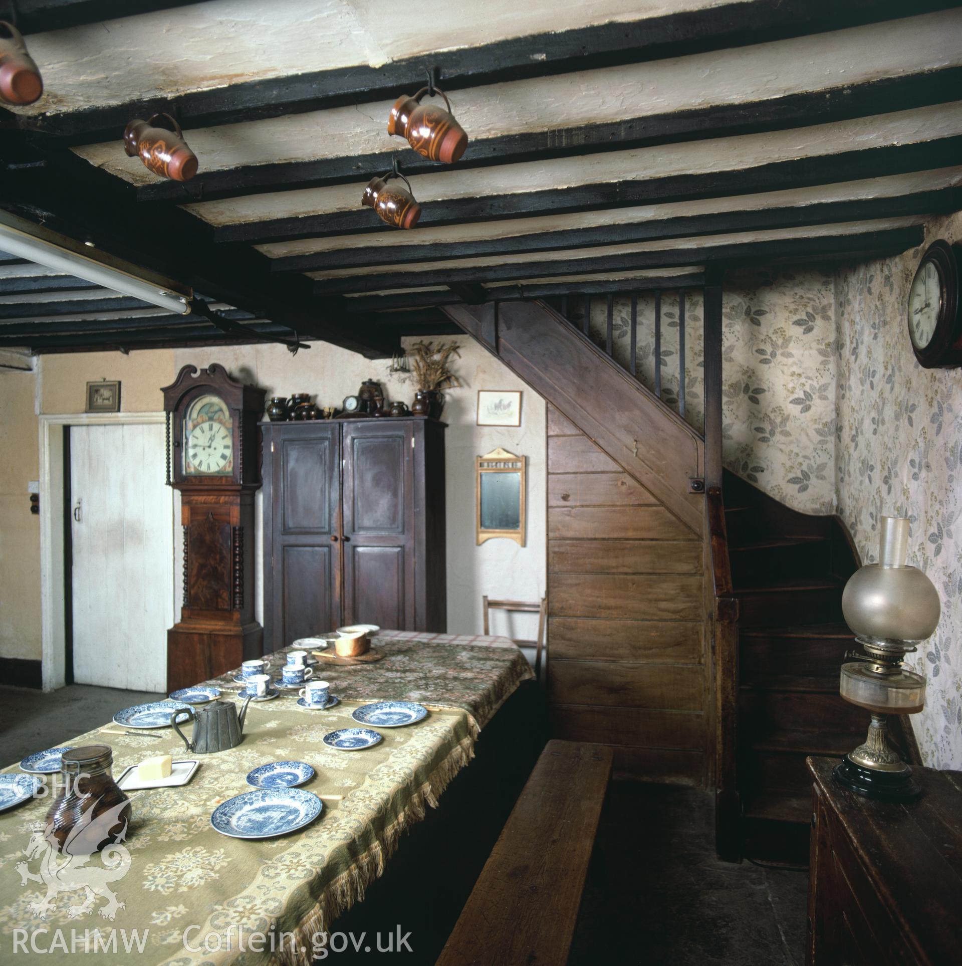RCAHMW colour transparency showing the staircase in the kitchen at Glan Ithon Farmhouse, taken by RCAHMW, undated.