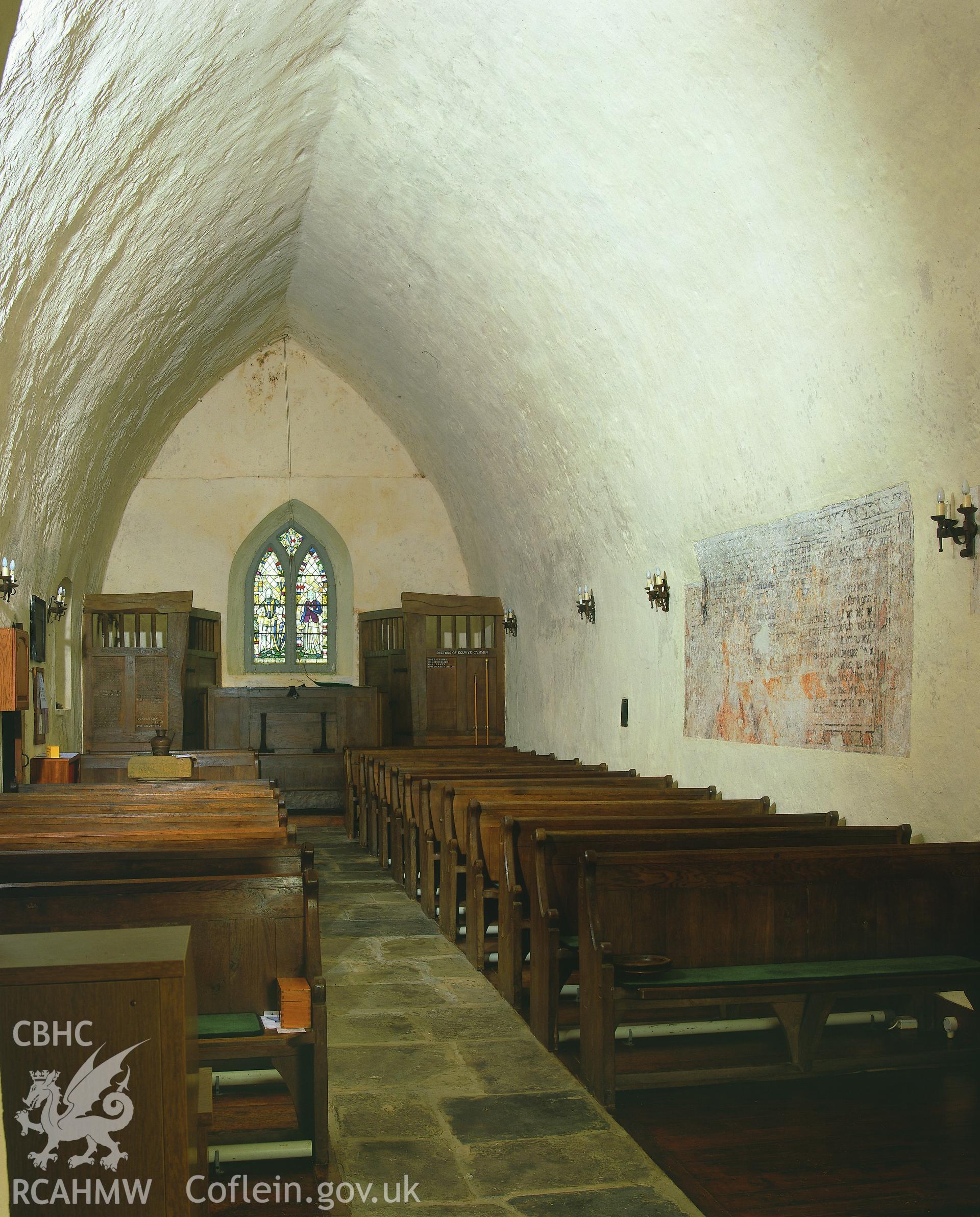 RCAHMW colour transparency showing interior view of St Cyffig's Church, Eglwyscumin.
