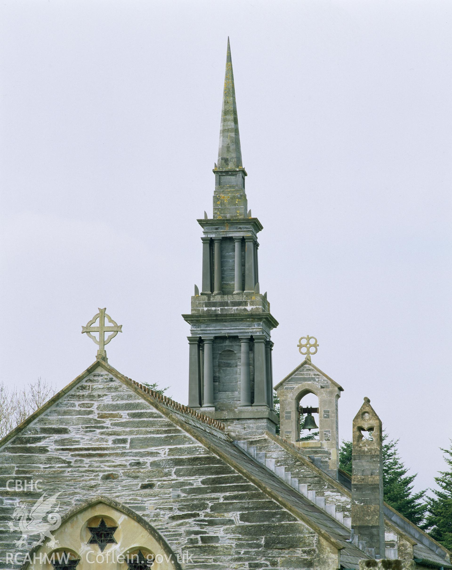 Colour transparency showing an exterior  view of the spire at St Cynllo's Church, Llangoedmor, produced by Iain Wright, June 2004.