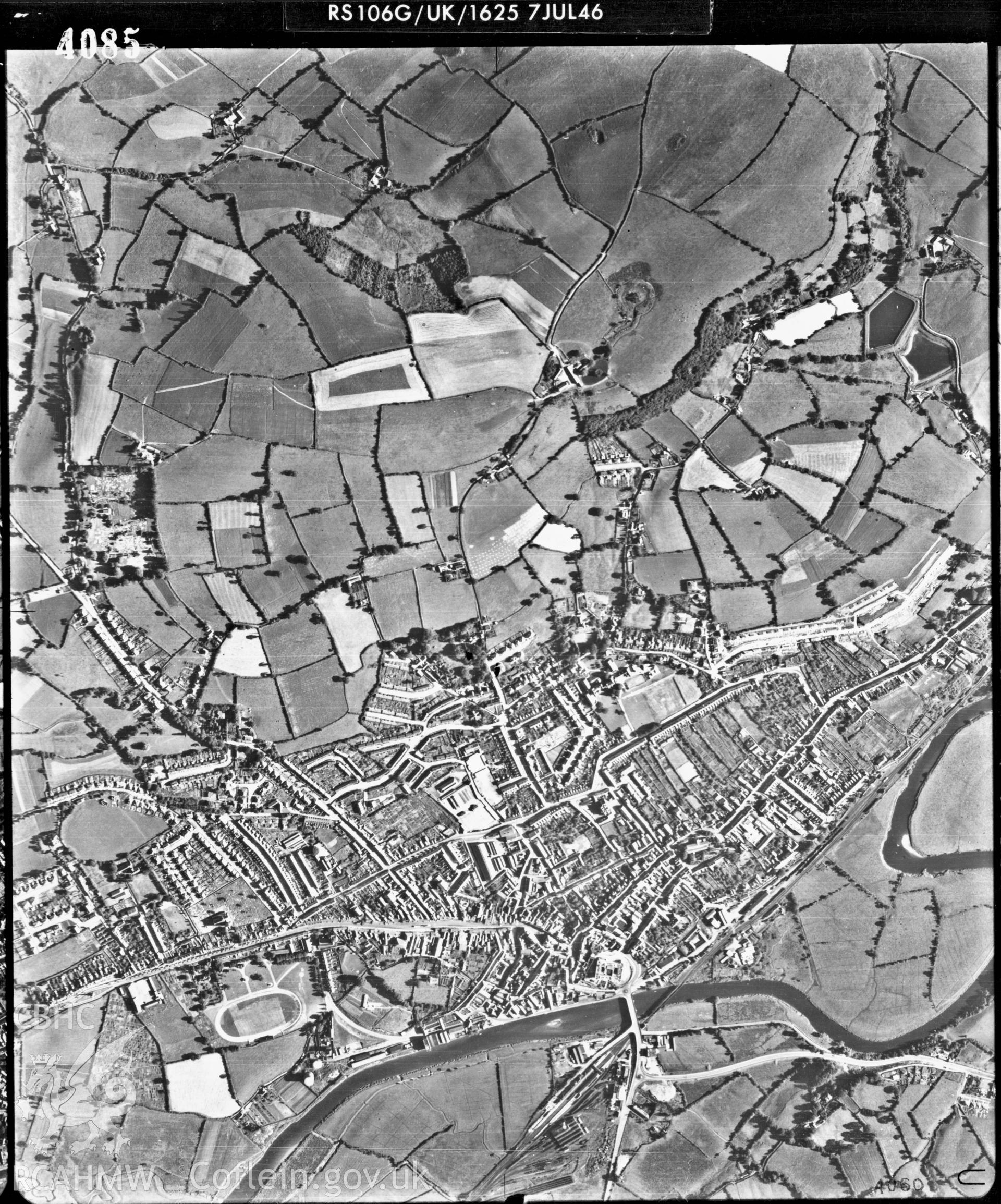 Black and white vertical aerial photograph taken by the RAF on 07/07/1946 centred on SN41162075 at a scale of 1:10000. The photograph includes part of Carmarthen community in Carmarthenshire.