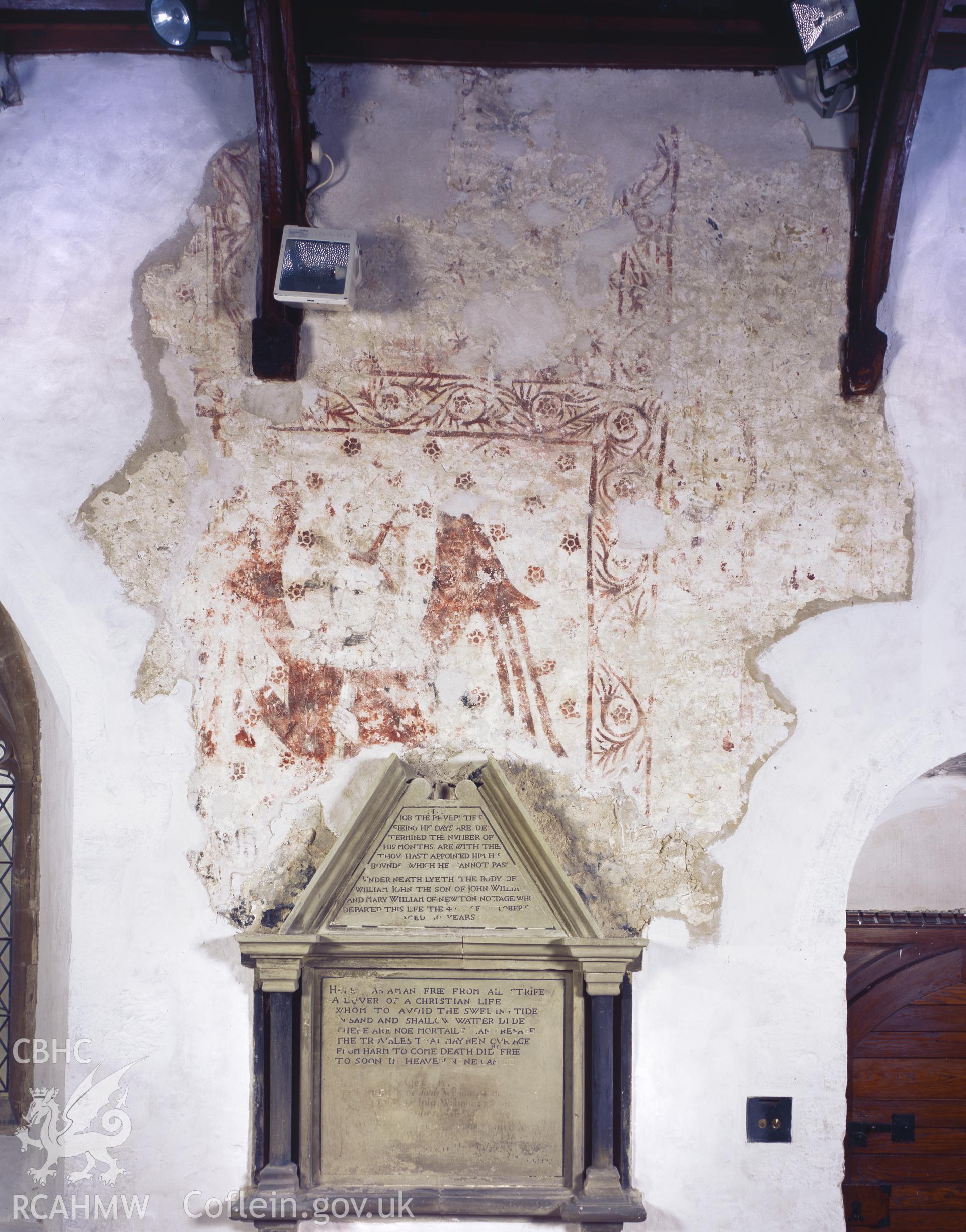 Colour transparency showing  the remains of wallpainting at St John the Baptist Church, Newton Nottage, produced by Iain Wright 2004