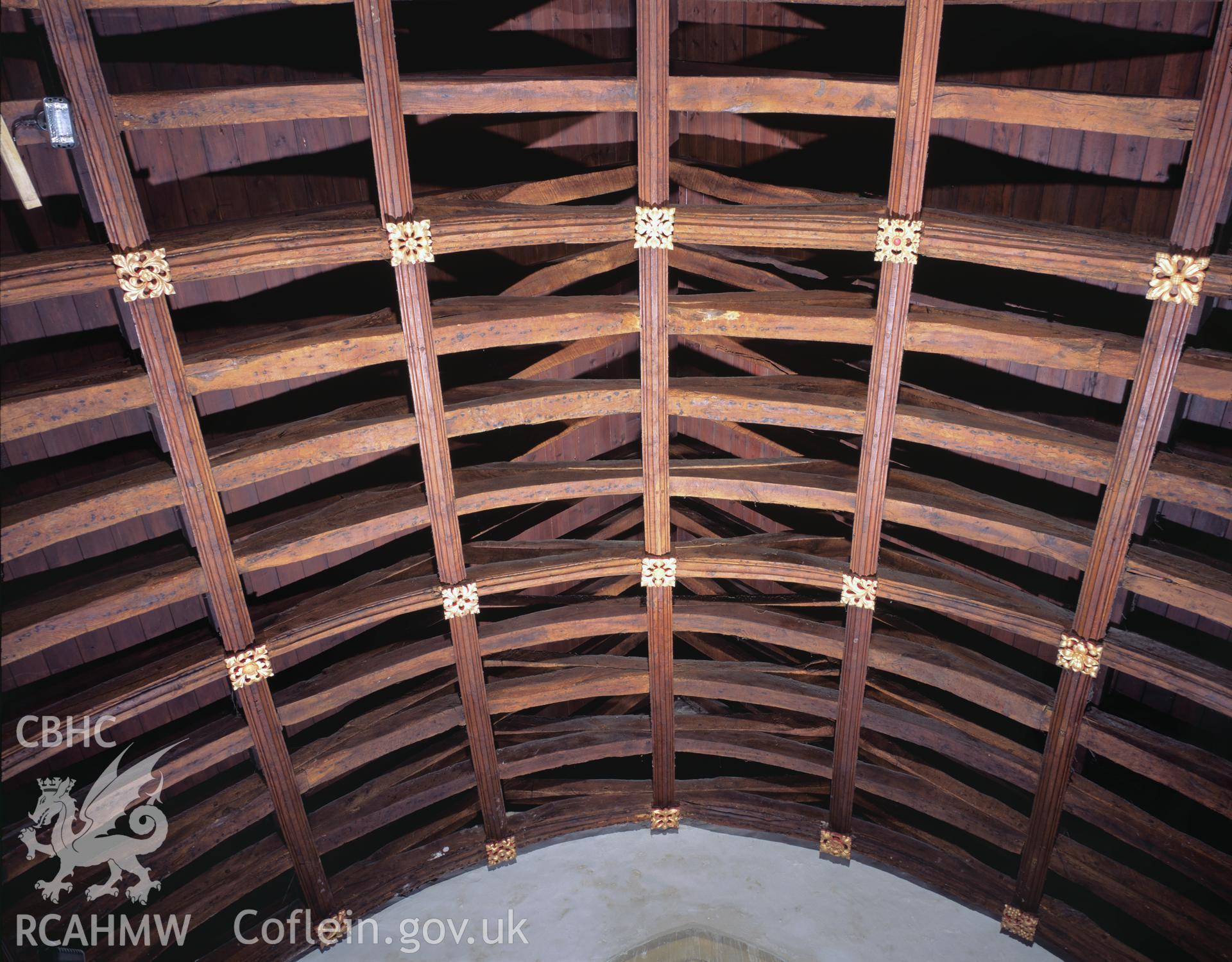 Colour transparency showing a view of the chancel roof at St John the Baptist Church, Newton Nottage, produced by Iain Wright 2004