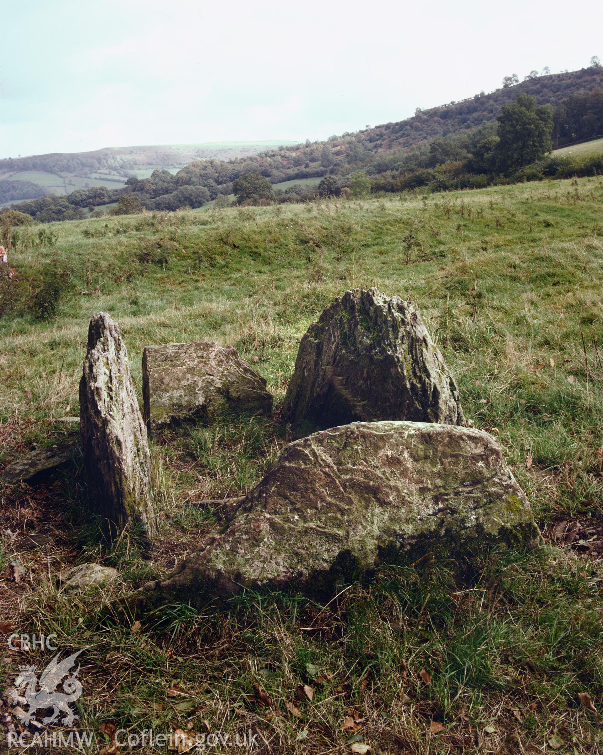 Colour transparency showing a view of Pen y Wyrlod Long Barrow, produced by Iain Wright, c.1981.