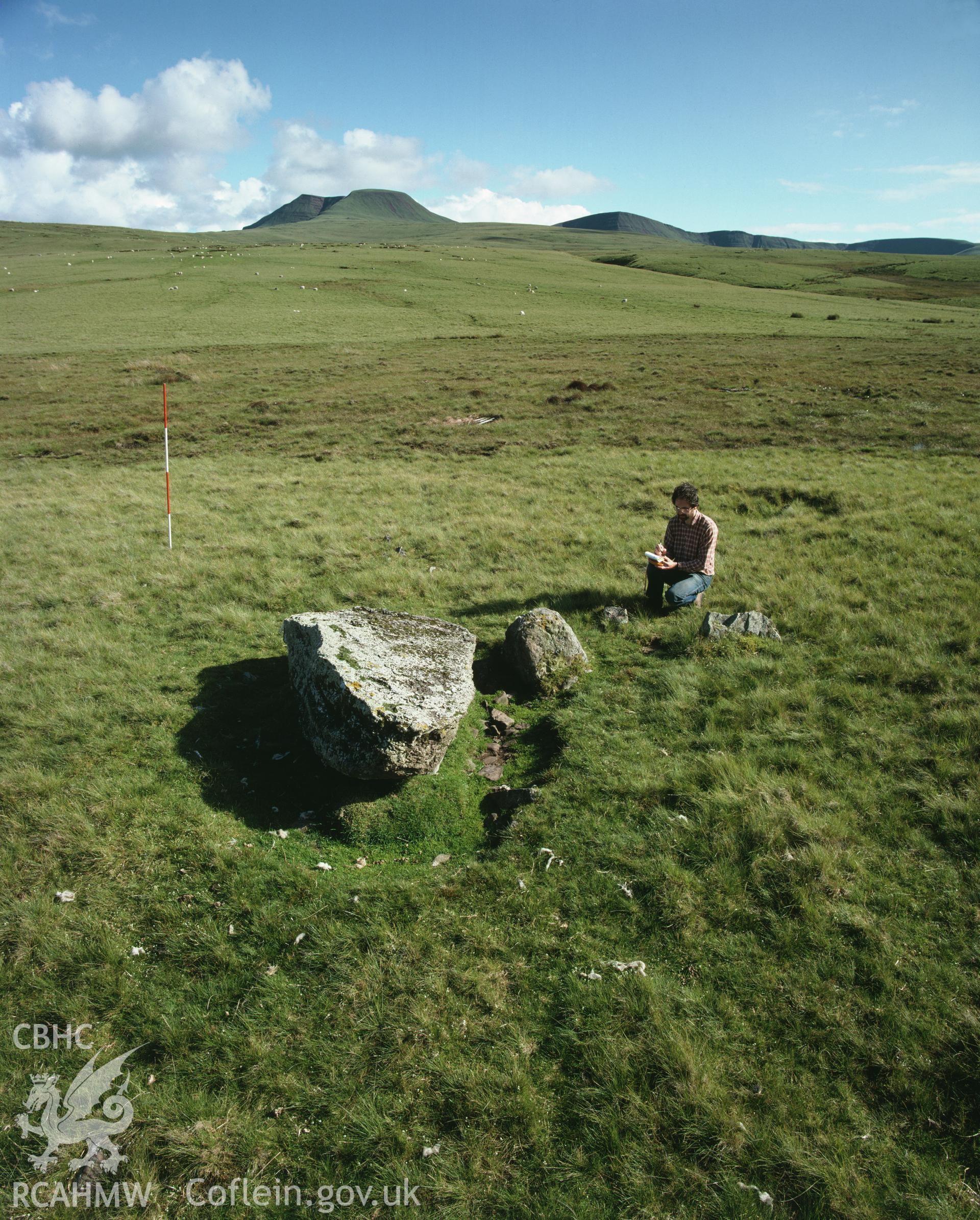 RCAHMW colour transparency showing an unidentified standing stone, taken by Iain Wright, c.1981