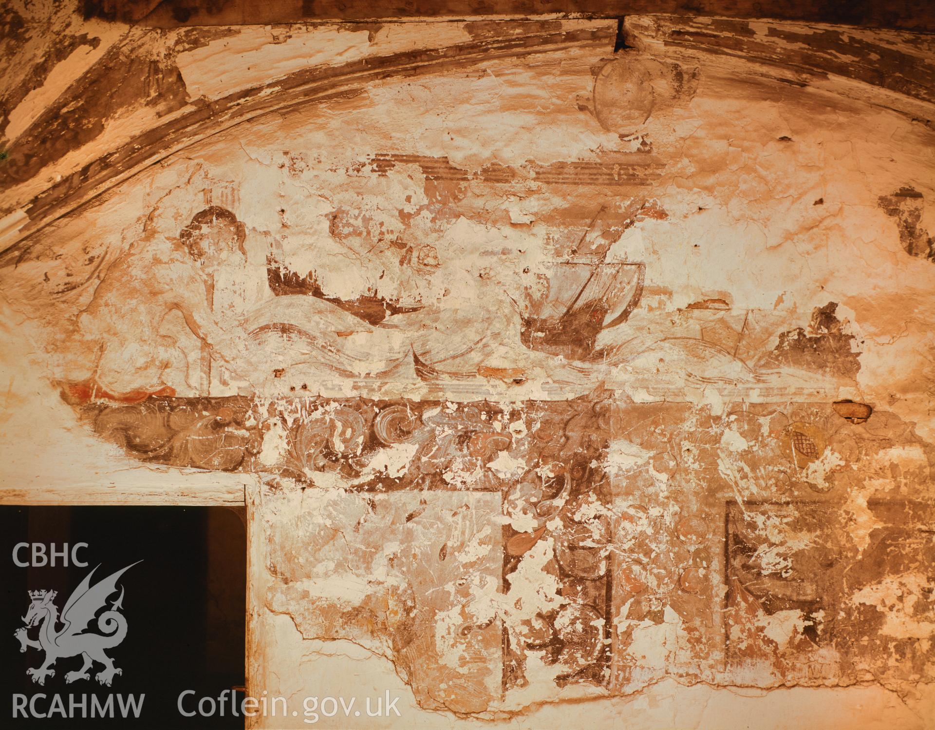 RCAHMW colour transparency showing  view of the wallpainting at Castell y Mynach, Pentyrch.