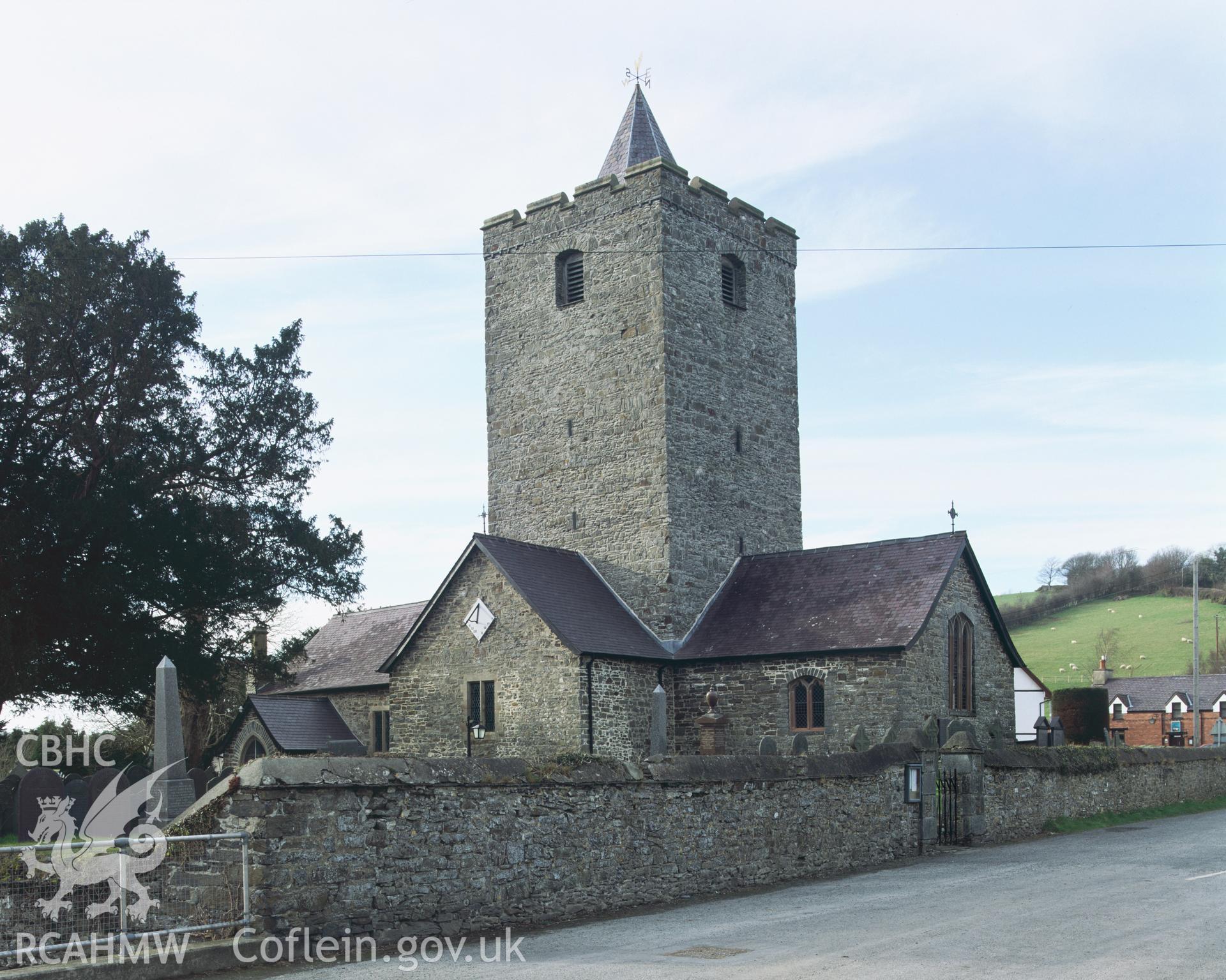 Colour transparency showing view of St Michael's Church, Llanfihangel y Creuddyn, produced by Iain Wright, June 2004.
