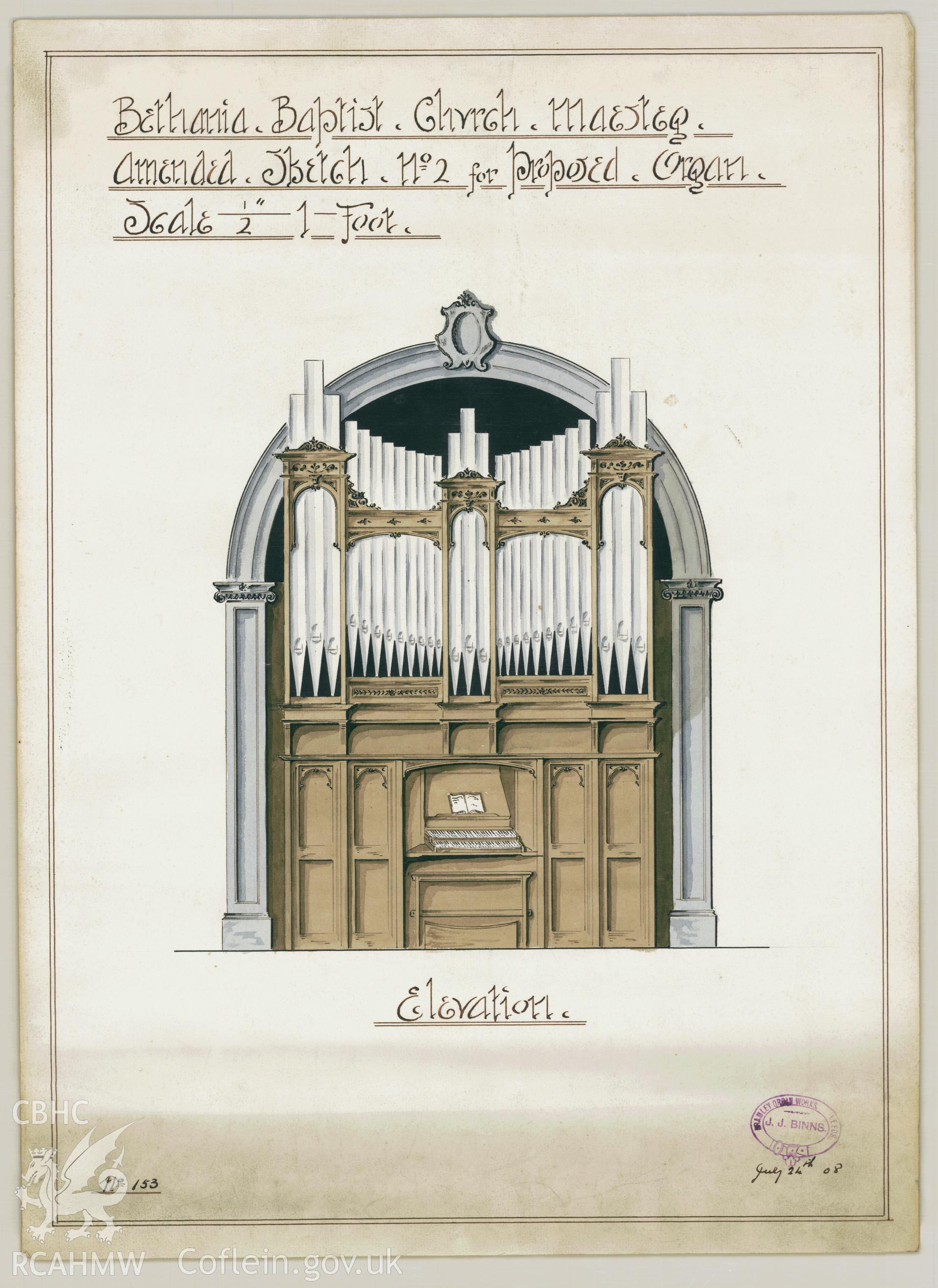 Digitized copy of a coloured drawing showing the proposed organ at Bethania Chapel, Maesteg. Part of a collection of material relating to Bethania Chapel, Maesteg, loaned for copying by the Welsh Religious Buildings Trust. The original collection is held by the Glamorgan Record Office.