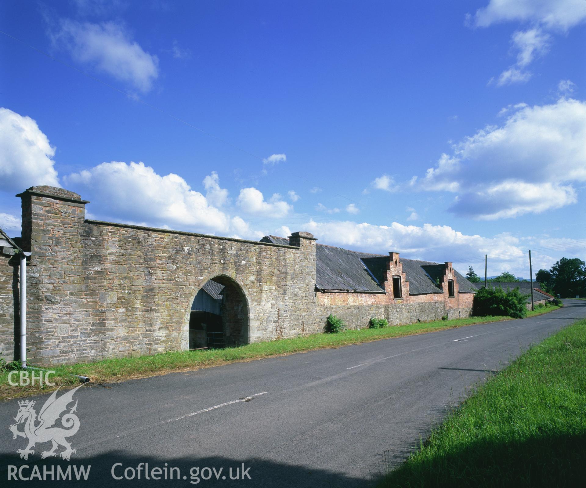 RCAHMW colour transparency showing  view of the main gate at Clyro Court Farm, taken by Fleur James, August 2003