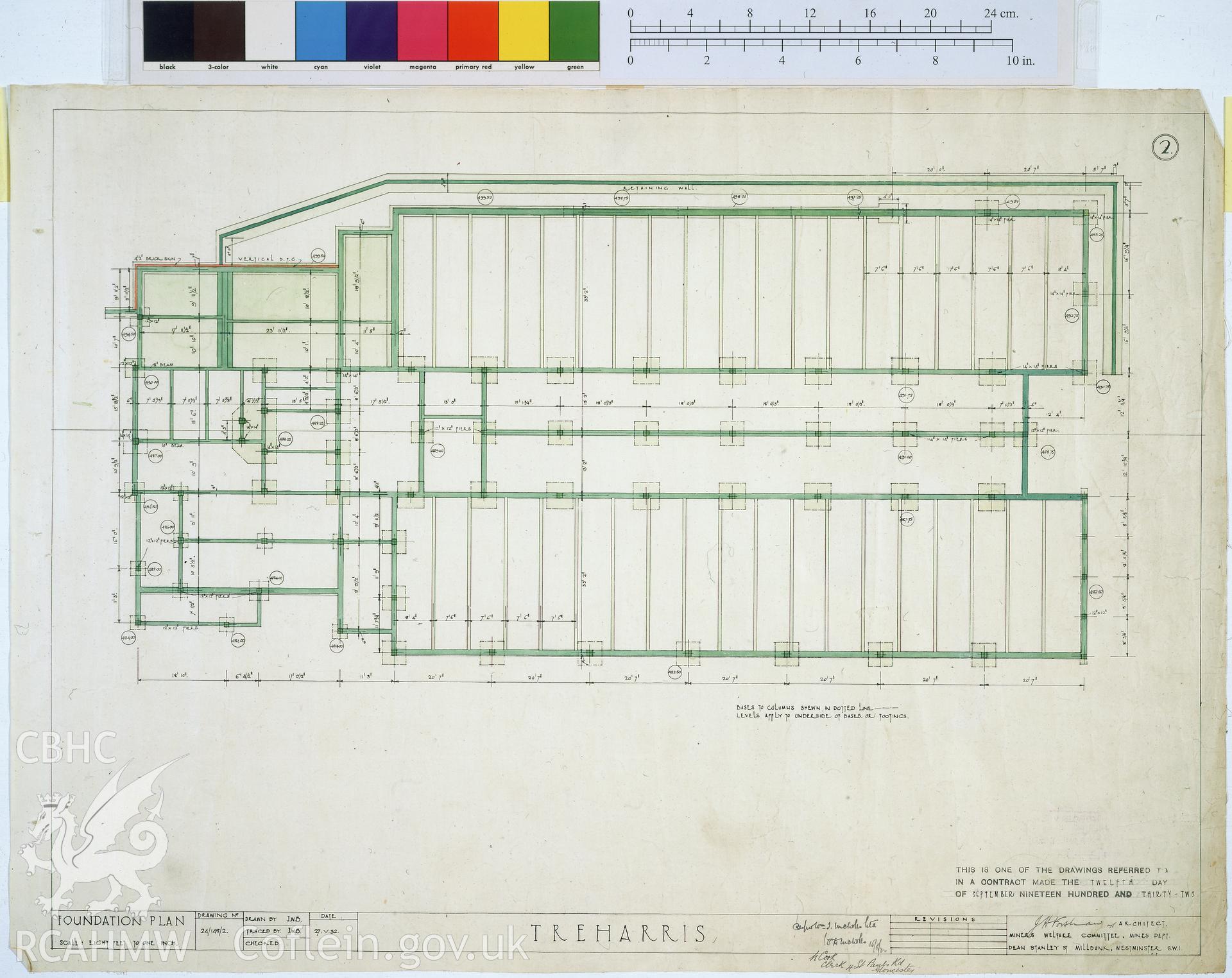 Colour transparency of a measured drawing showing foundation plan of the Bath House at  Ocean Deep Navigation Colliery , by J.H. Forshaw, Architect, 1932, from originals currently held by Gwent Record Office pending distribution to relevant county.