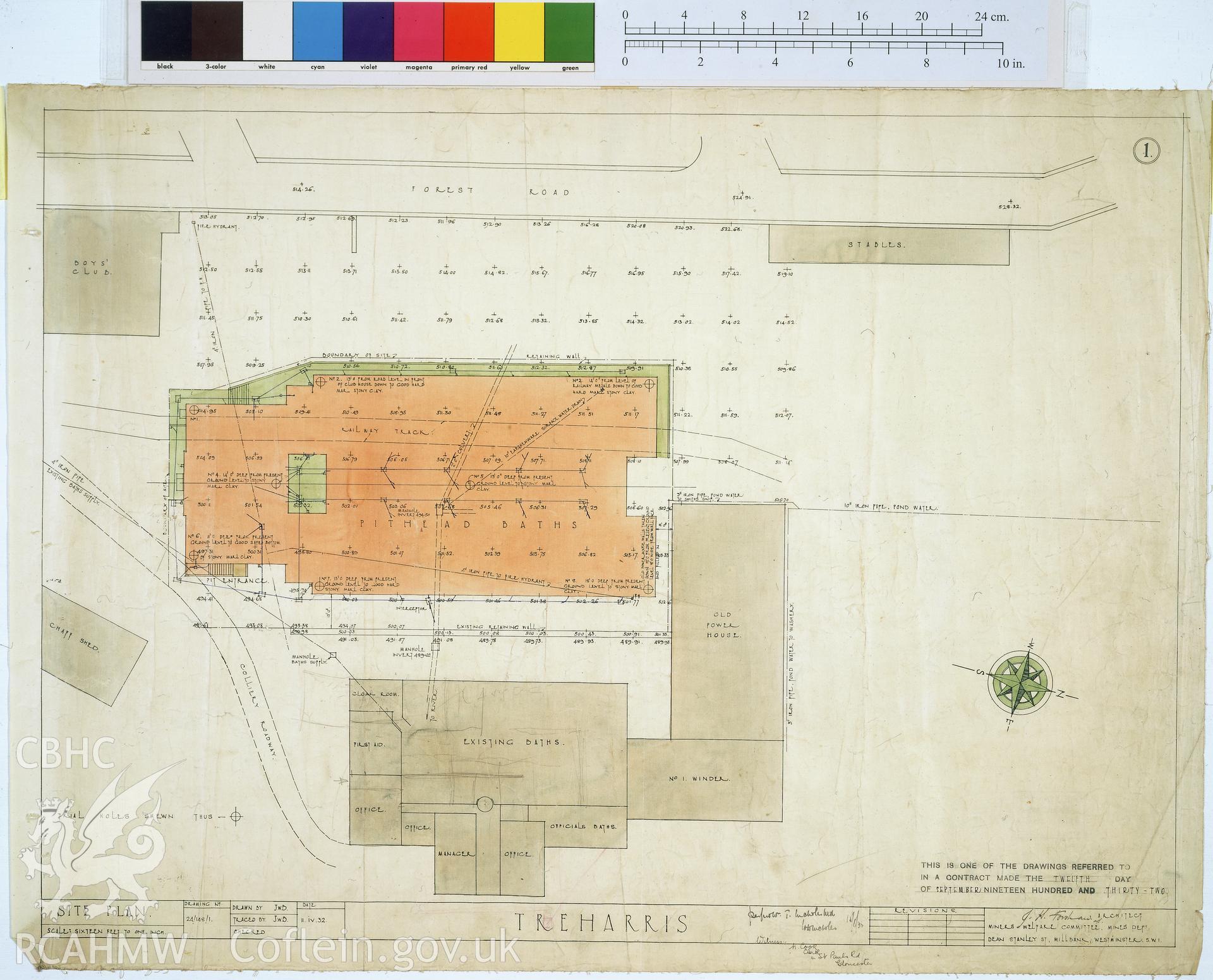 Colour transparency of a measured drawing showing site plan of the Bath House at  Ocean Deep Navigation Colliery , by J.H. Forshaw, Architect, 1932, from originals currently held by Gwent Record Office pending distribution to relevant county.