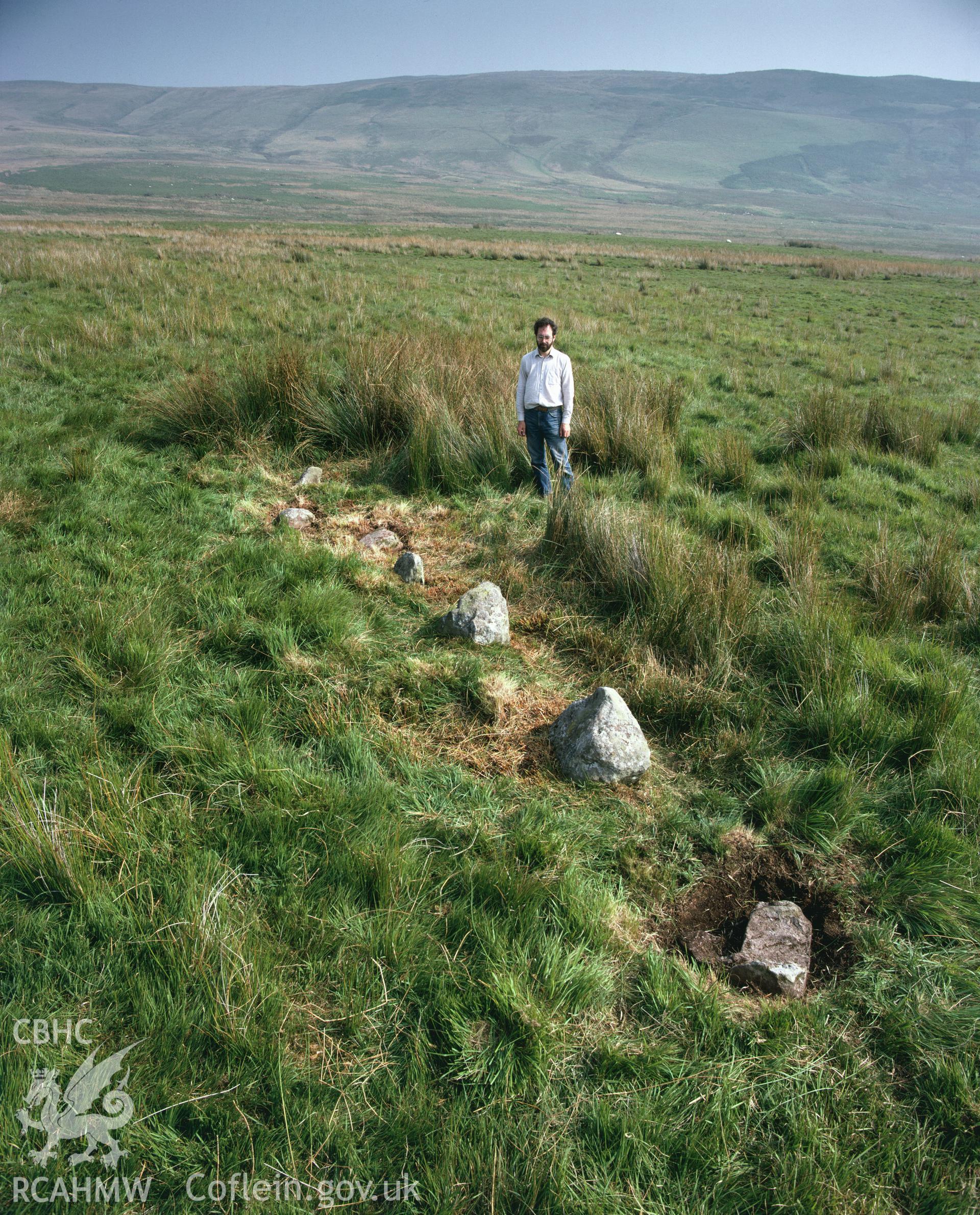 RCAHMW colour transparency showing stone alignment at Saith Maen, taken by Iain Wright, c.1981