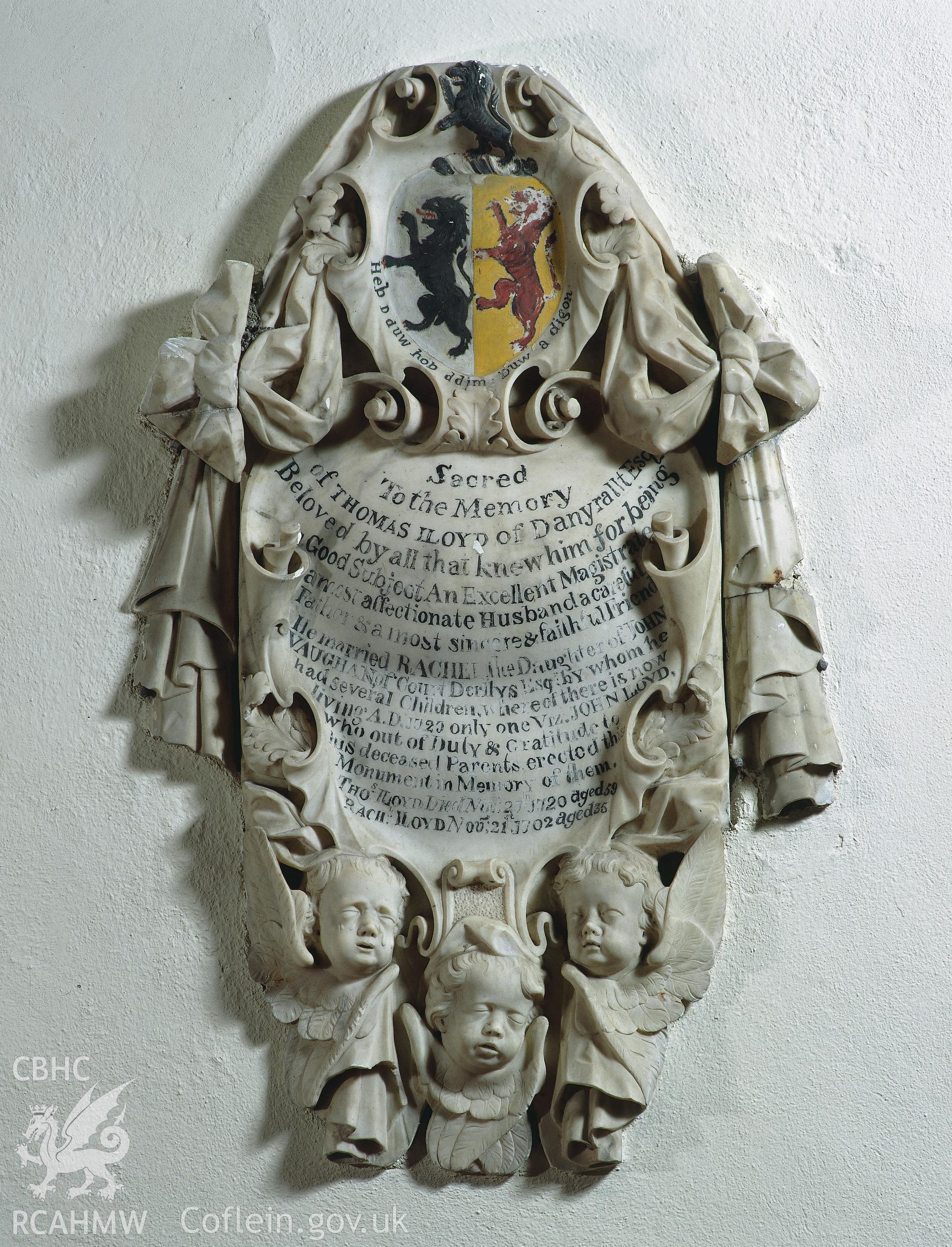 RCAHMW colour transparency showing memorial to T. Lloyd, in Llangadog Church