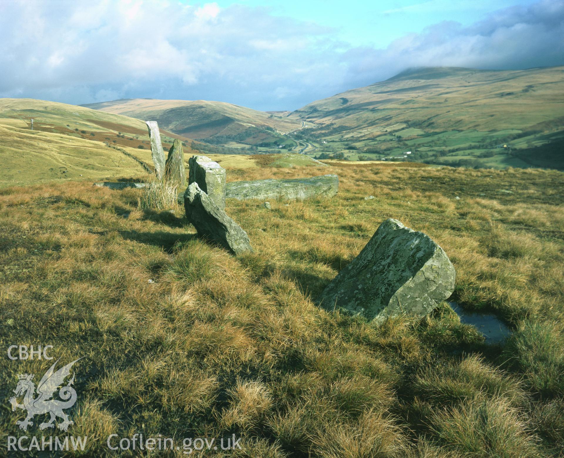 Colour transparency showing a view of Saith Maen Stone Alignment, Breconshire, produced by Iain Wright, c.1981.
