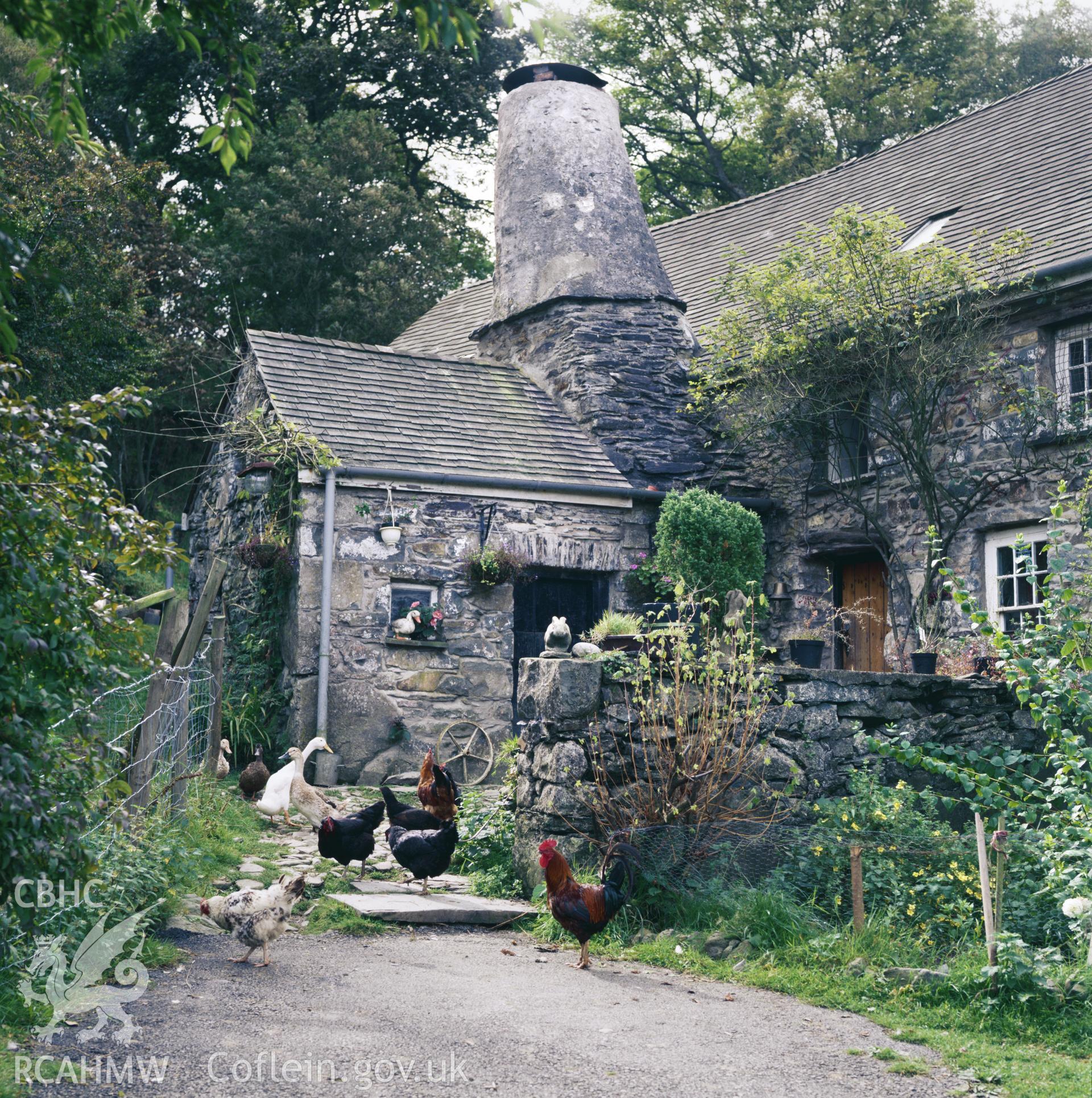 Colour transparency showing a view of Garn Farmhouse, Llanychaer, produced by Fleur James, c.1986.