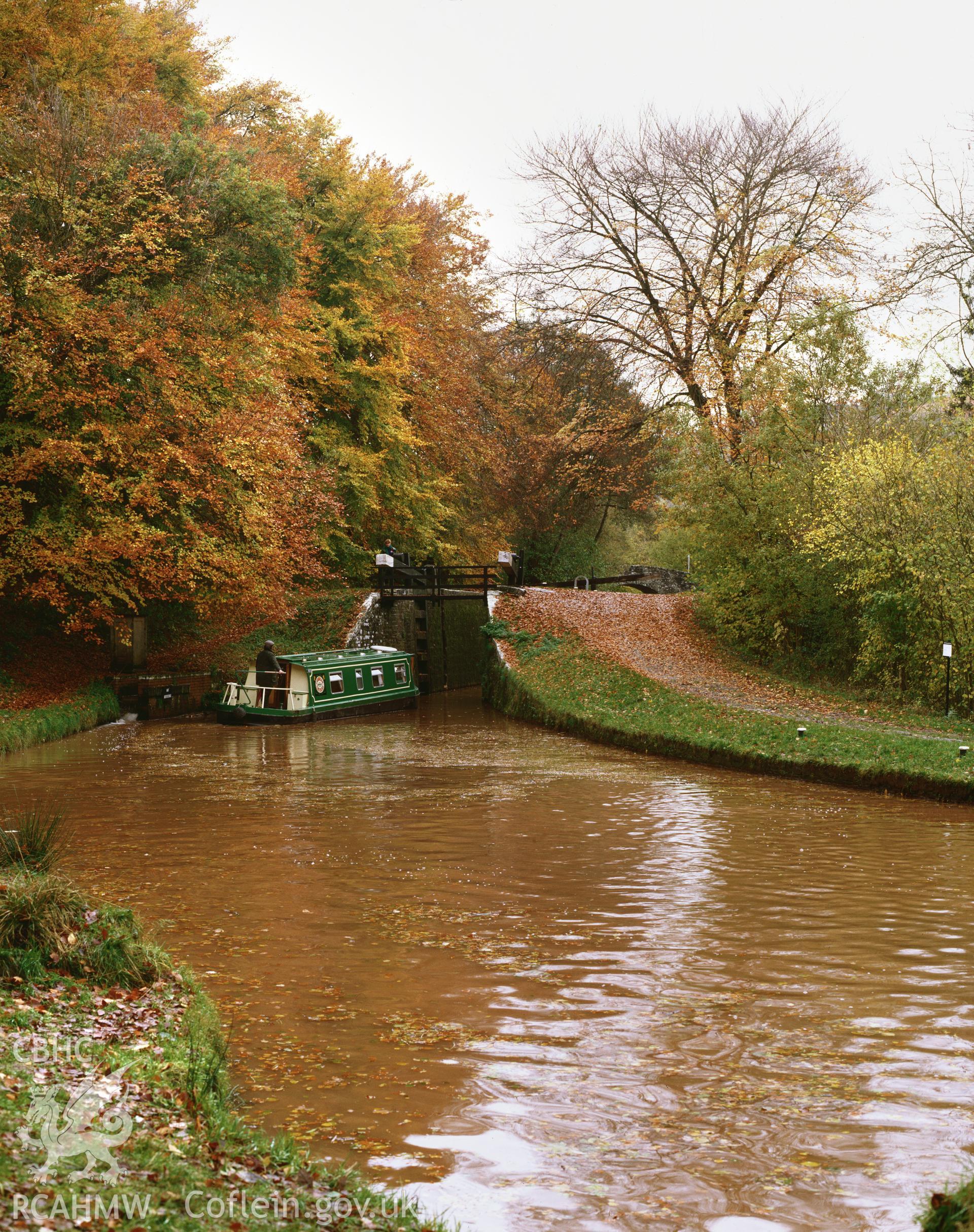 RCAHMW colour transparency showing the lock at Llangynidr Depot on the Monmouth Brecon Canal, taken by I.N. Wright, 1990