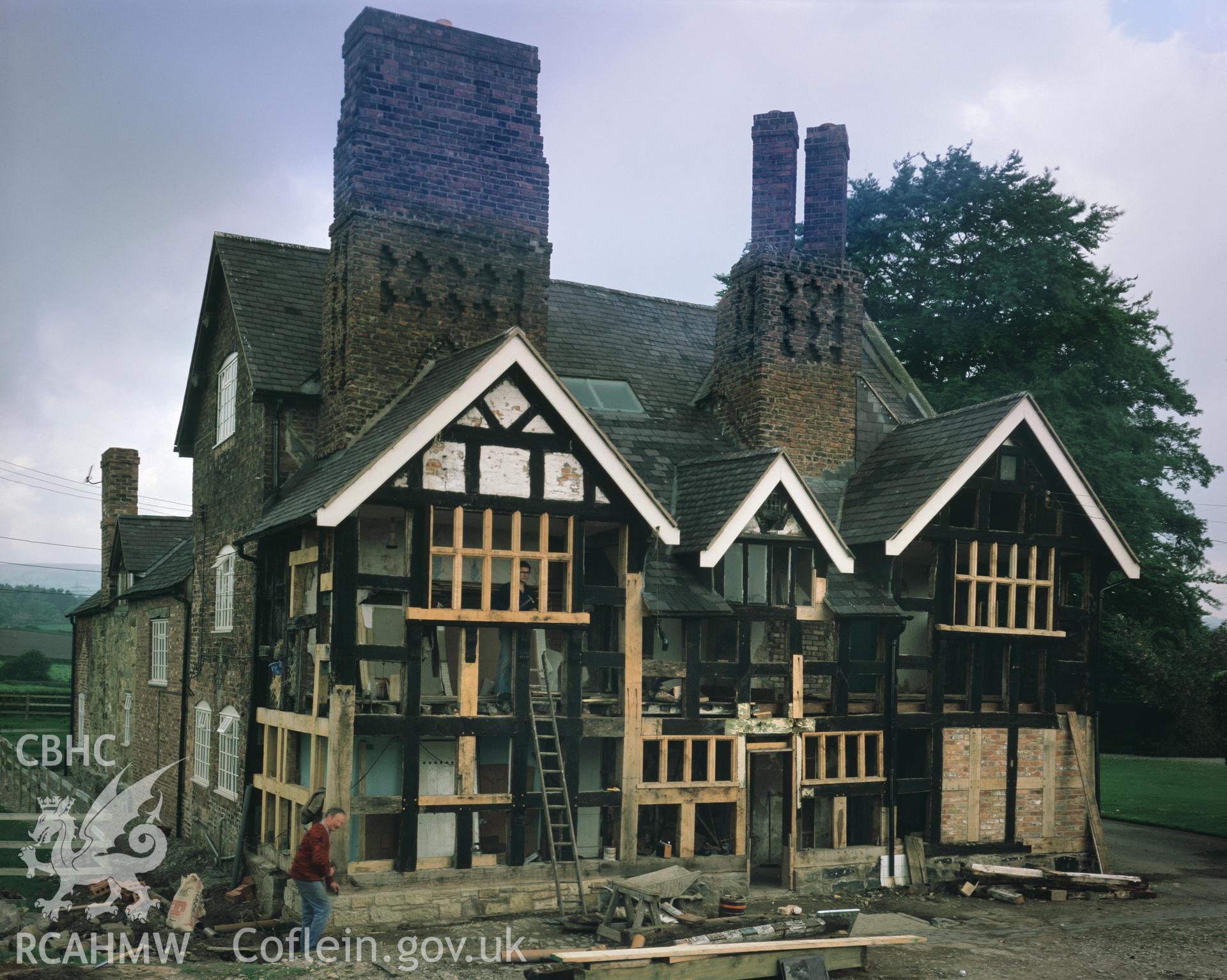 RCAHMW colour transparency showing a view of Hafod y Bwch, taken during building work of 1980.