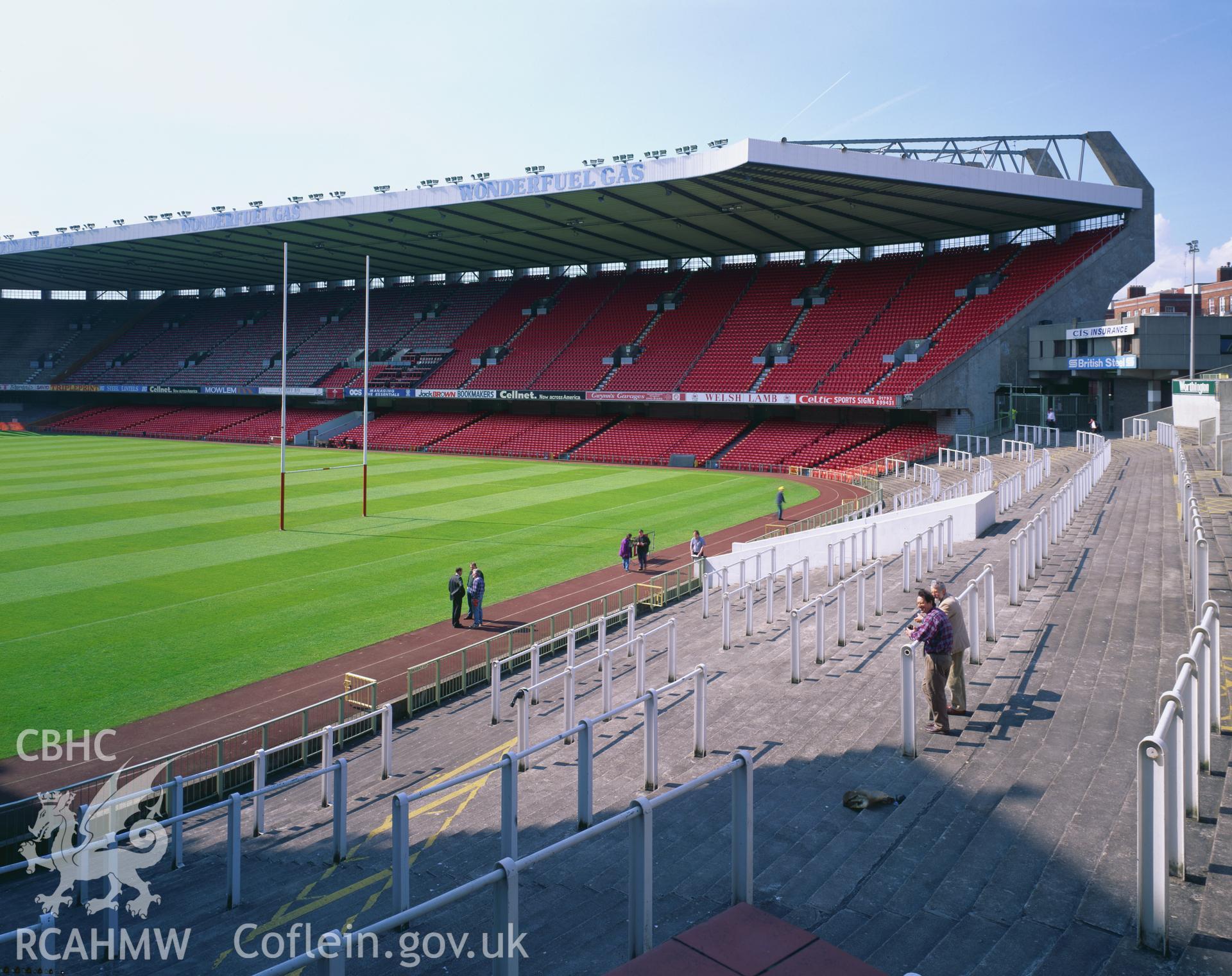 Colour transparency showing a view of the pitch and seating at Cardiff Arms Park, produced by Iain Wright 1997
