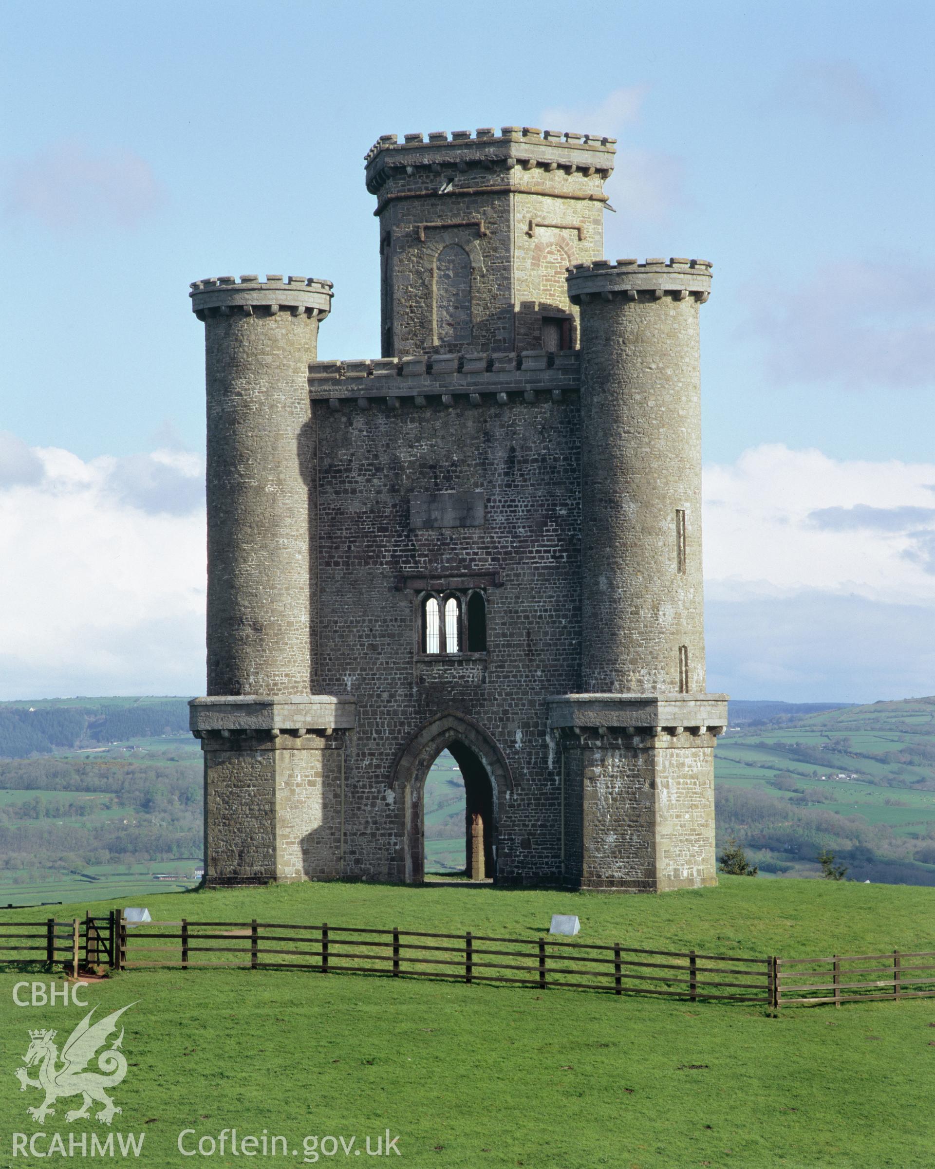 Colour transparency showing a view of Paxtons Tower, Llanarthney , produced by Iain Wright, June 2004