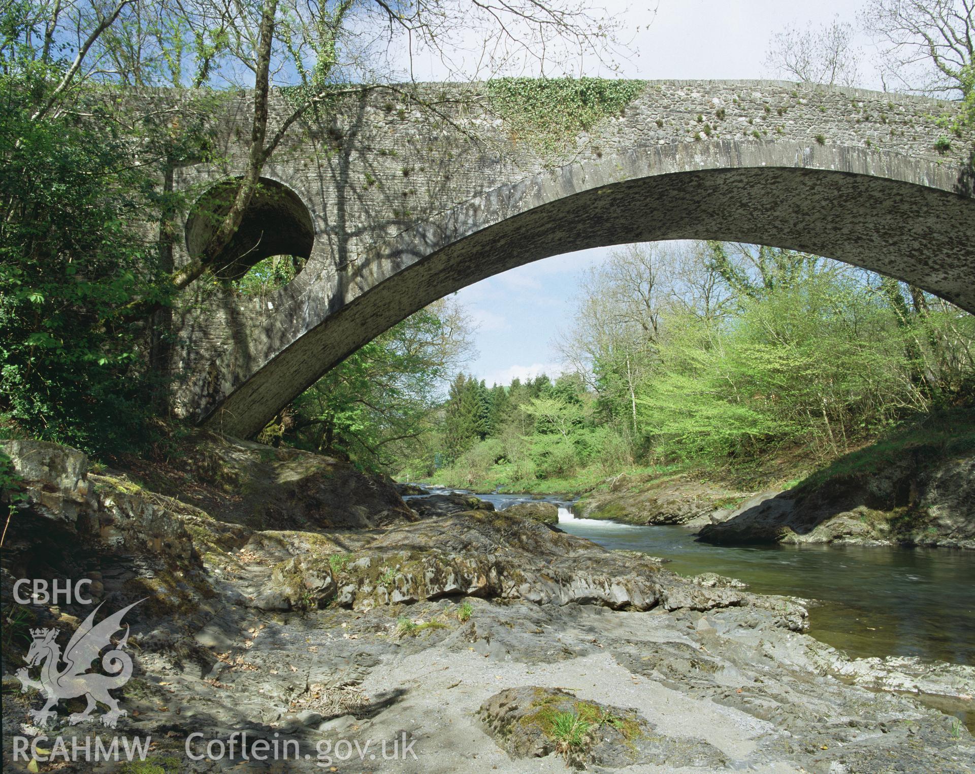 Colour transparency showing a section of Dolauhirion Bridge, produced by Iain Wright, June 2004.