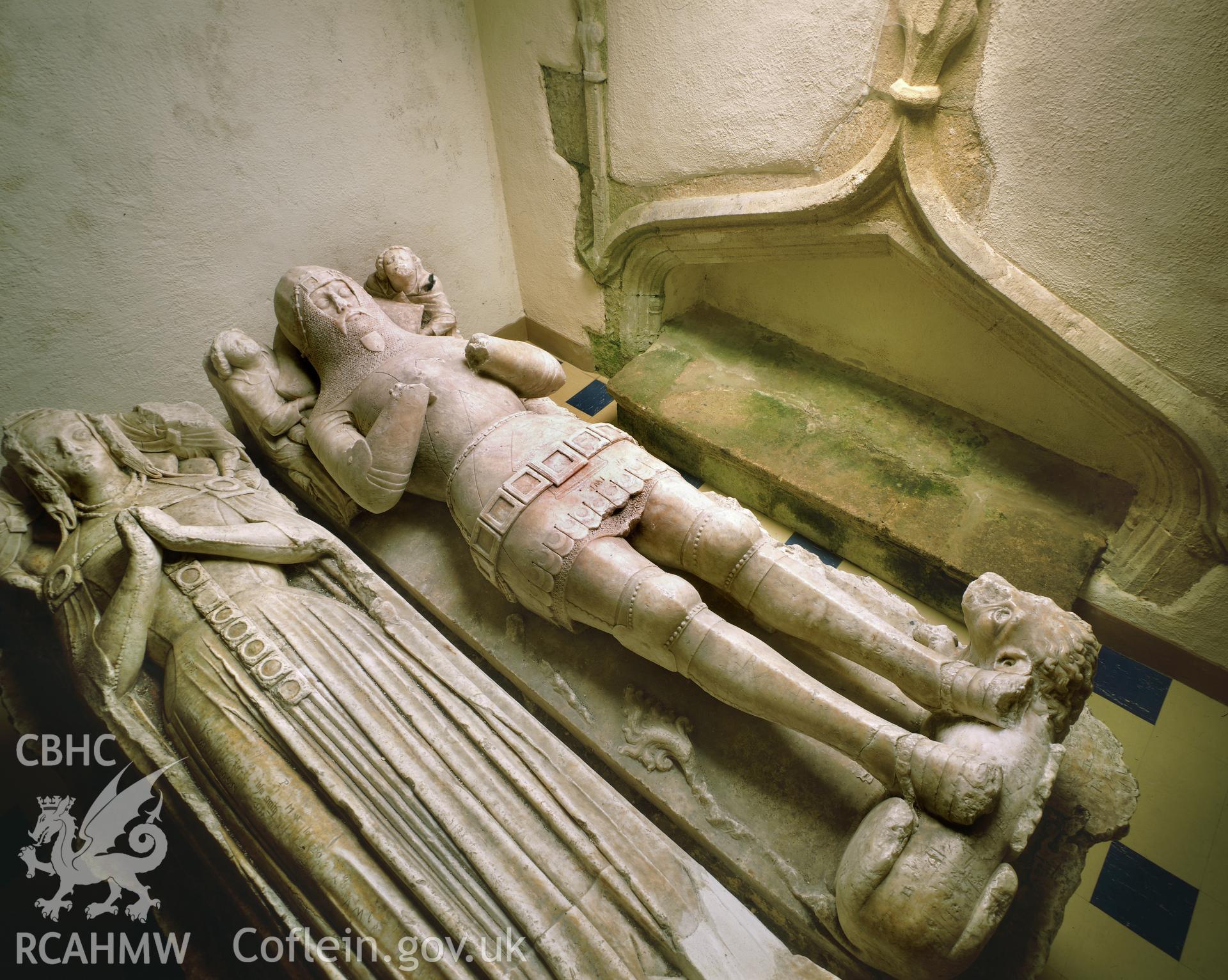RCAHMW colour transparency showing view of an alabaster tomb in St Gredifael's Church, Penmynydd.