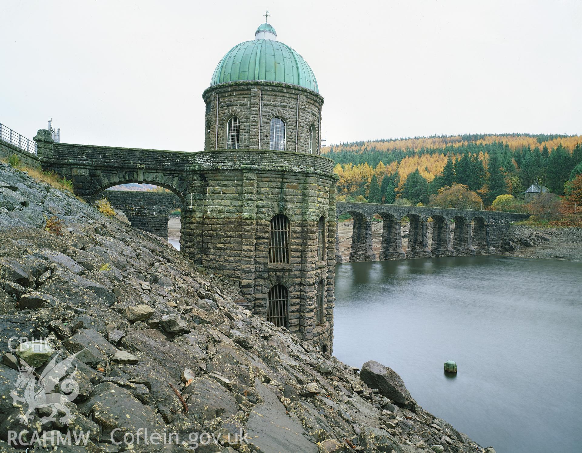 RCAHMW colour transparency of a general view at low water level of Pen y Garreg Dam and the straining tower.