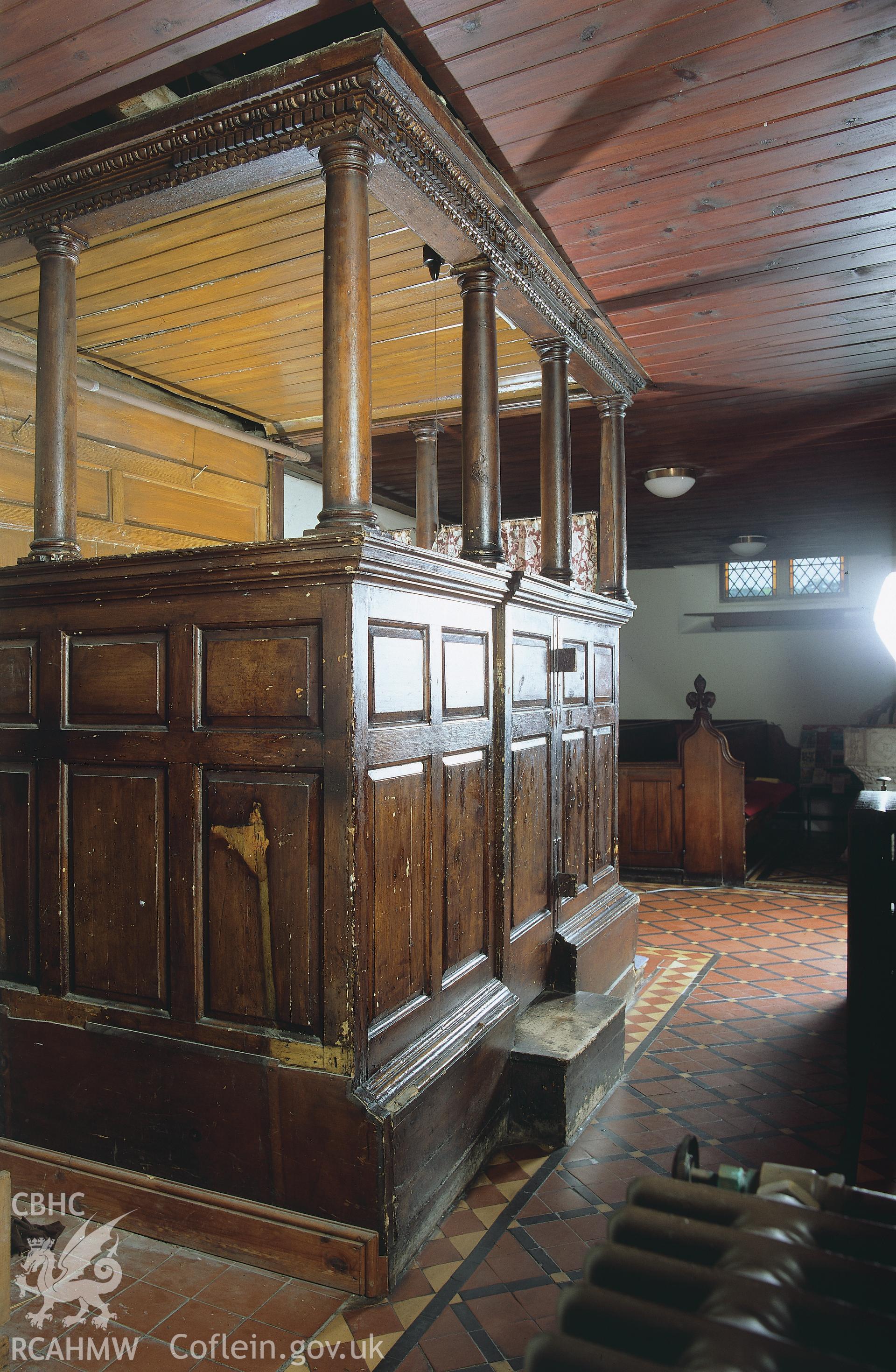 RCAHMW colour transparency showing Faculty Pew, St Peter's Church, Carmarthen.