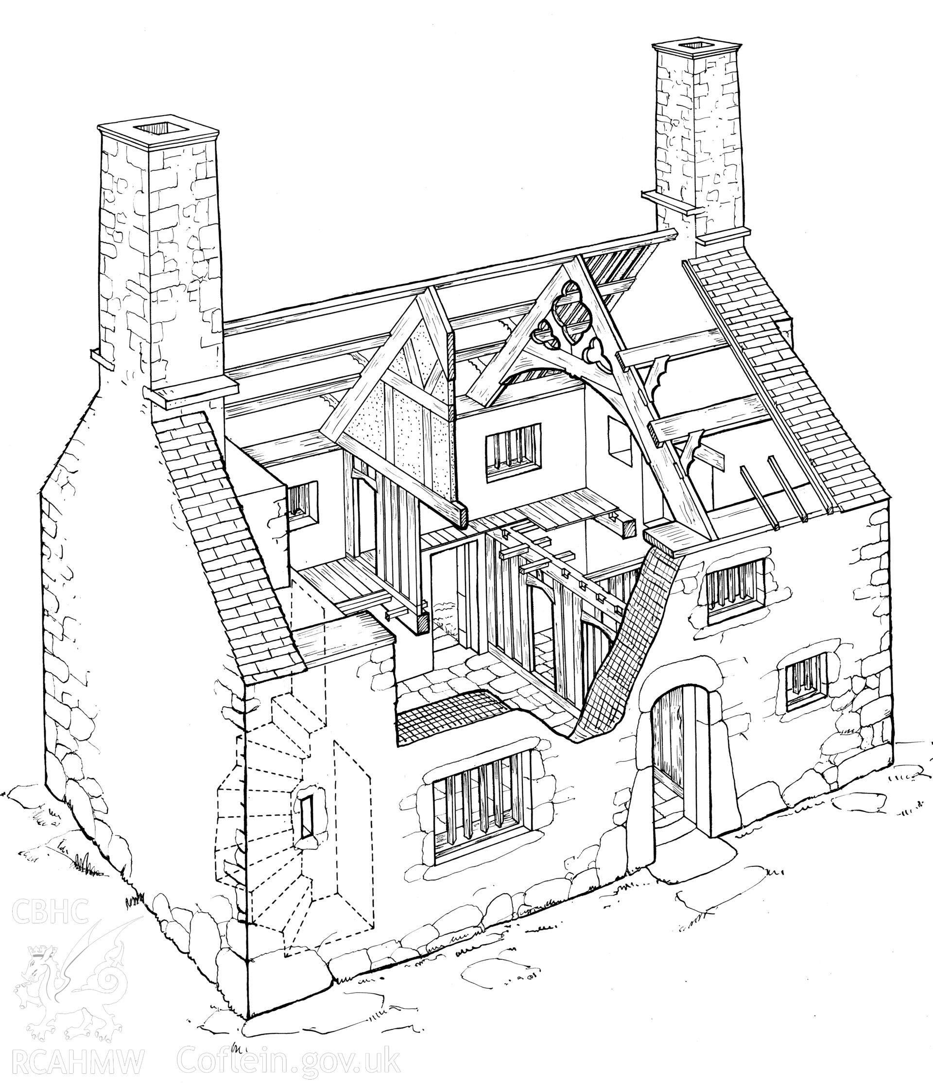 Digitised copy of a pen and ink cutaway drawing of a typical Snowdonian house, from RCAHMW publication, Houses of the Welsh Countryside, p.174, Fig. 81. Original not catalogued in NMRW Archive.